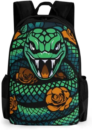 Men Women Polyester Green Snake Red Floral Art Daypack Big Capacity Shoulder Bag With Adjustable Shoulder Straps for Camping Travel Walking Cycling