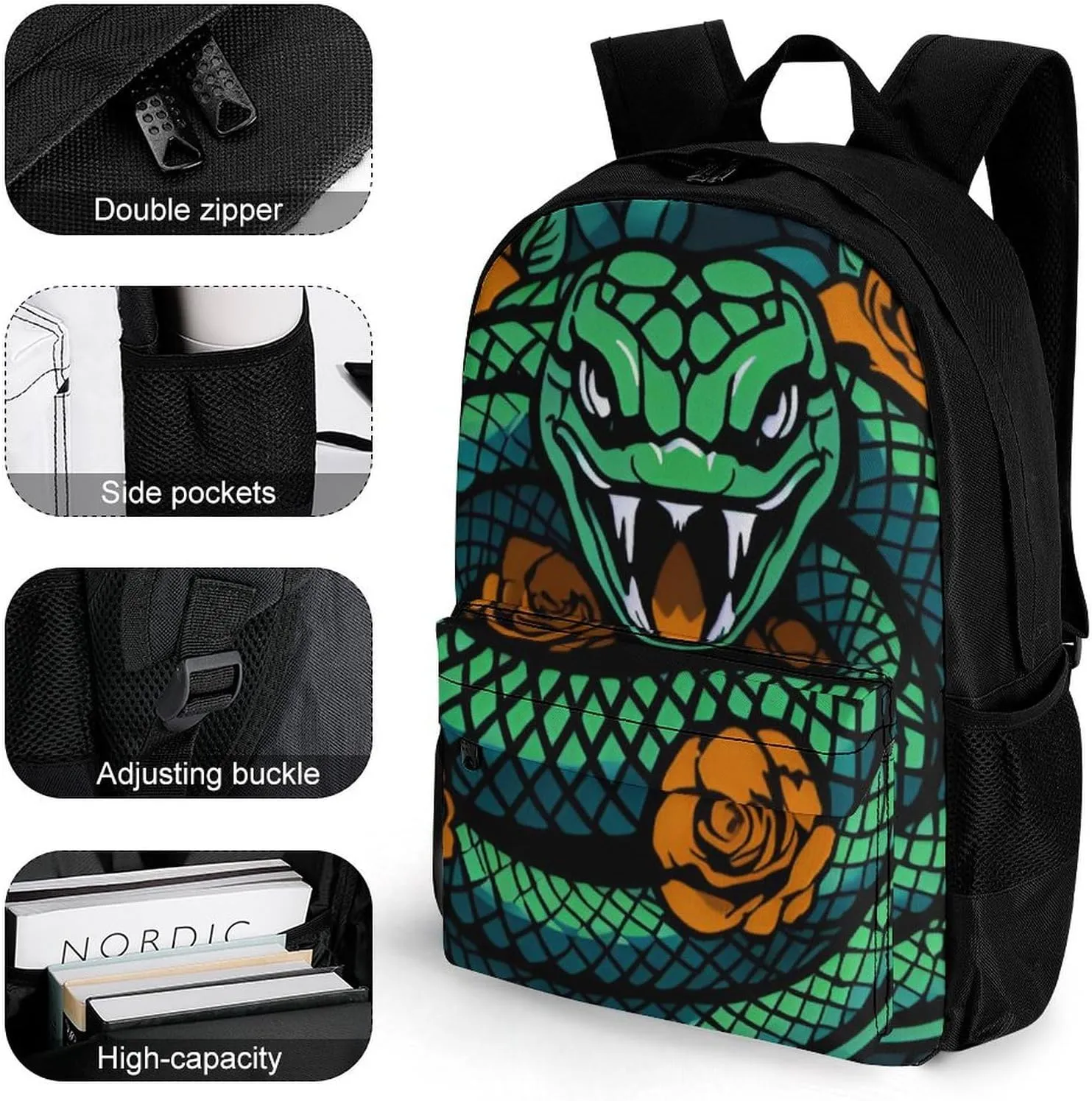 Men Women Polyester Green Snake Red Floral Art Daypack Big Capacity Shoulder Bag With Adjustable Shoulder Straps for Camping Travel Walking Cycling