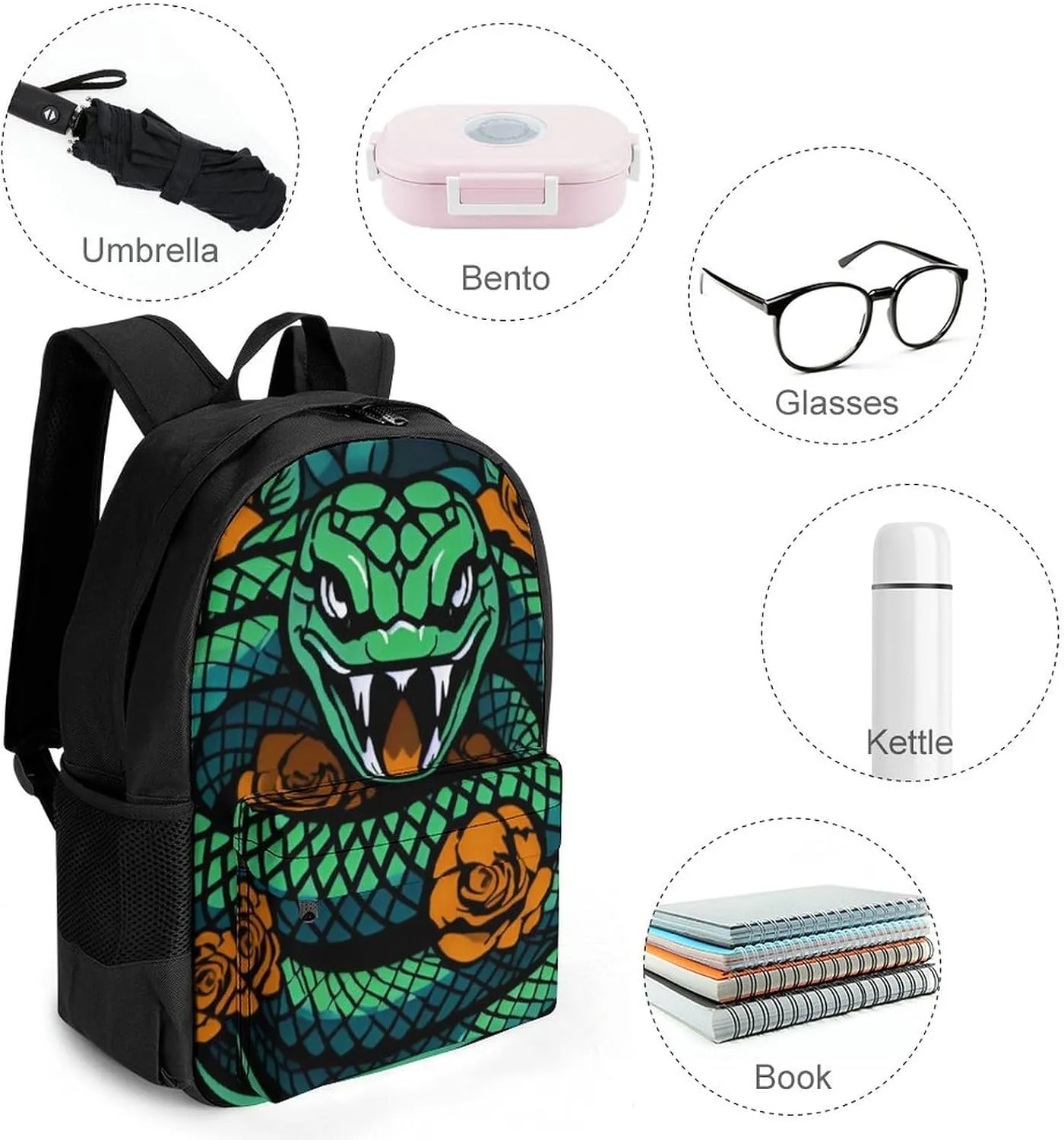 Men Women Polyester Green Snake Red Floral Art Daypack Big Capacity Shoulder Bag With Adjustable Shoulder Straps for Camping Travel Walking Cycling