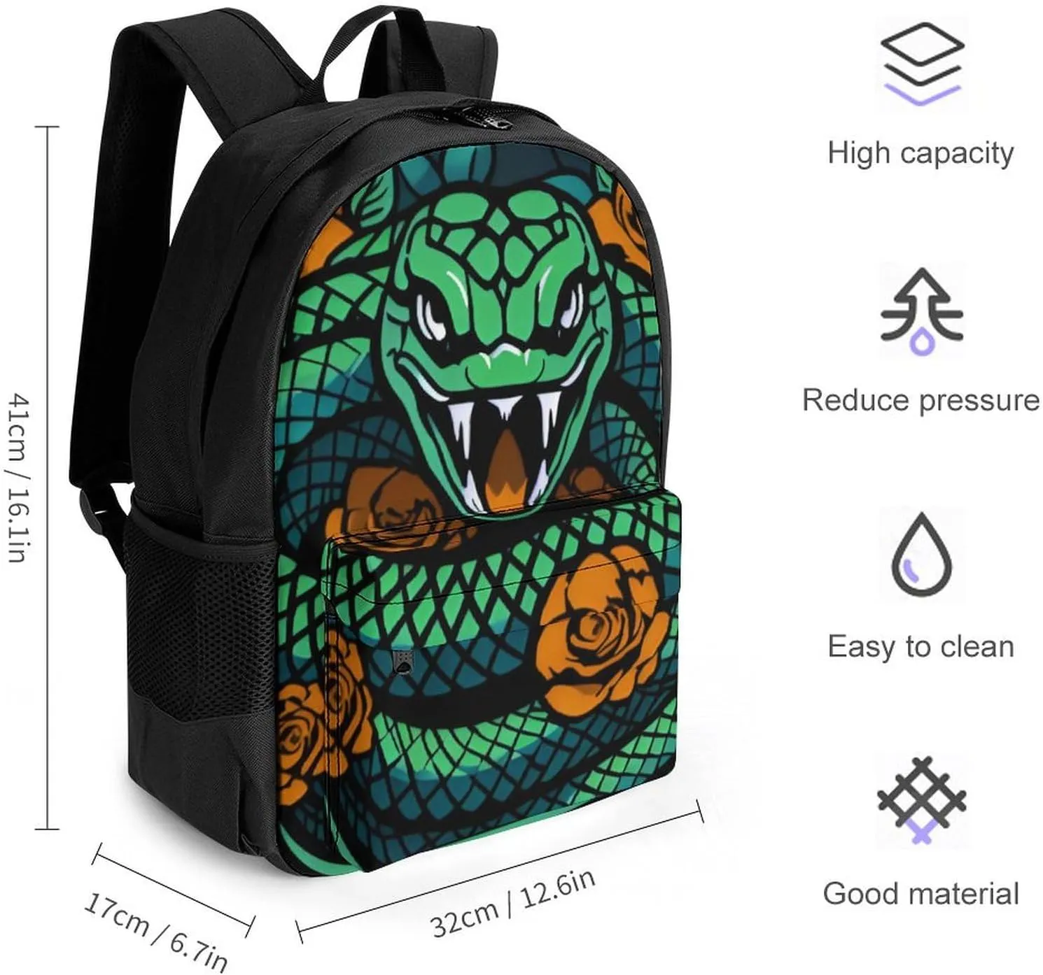 Men Women Polyester Green Snake Red Floral Art Daypack Big Capacity Shoulder Bag With Adjustable Shoulder Straps for Camping Travel Walking Cycling