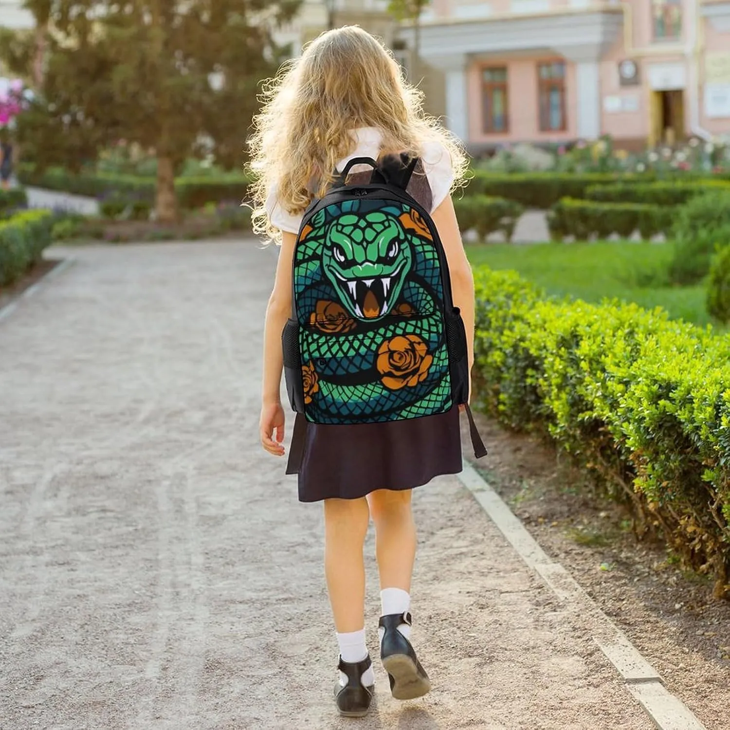 Men Women Polyester Green Snake Red Floral Art Daypack Big Capacity Shoulder Bag With Adjustable Shoulder Straps for Camping Travel Walking Cycling
