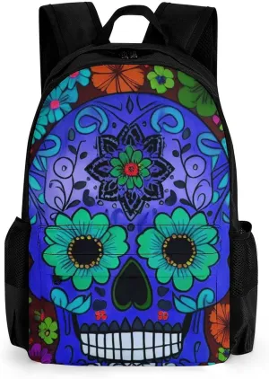 Men Women Polyester Grunge Mexican Sugar Skulls Day Of The Dead Flowers Art Daypack Big Capacity Shoulder Bag With Smooth Zippers for Hiking Work Walking Cycling