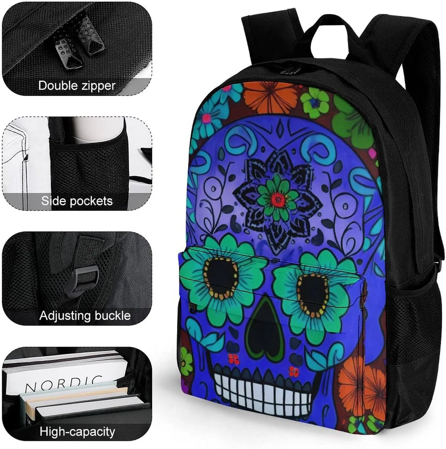 Men Women Polyester Grunge Mexican Sugar Skulls Day Of The Dead Flowers Art Daypack Big Capacity Shoulder Bag With Smooth Zippers for Hiking Work Walking Cycling