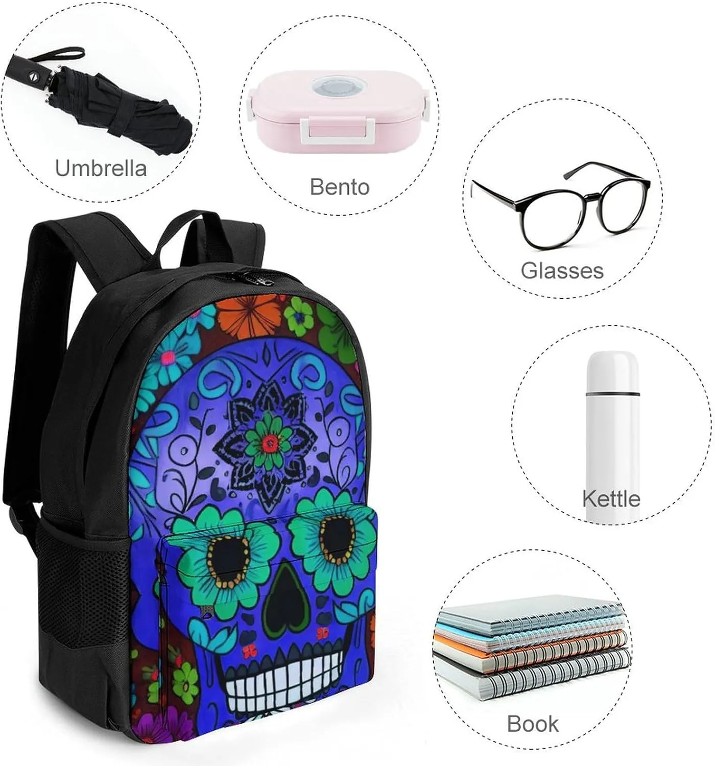 Men Women Polyester Grunge Mexican Sugar Skulls Day Of The Dead Flowers Art Daypack Big Capacity Shoulder Bag With Smooth Zippers for Hiking Work Walking Cycling