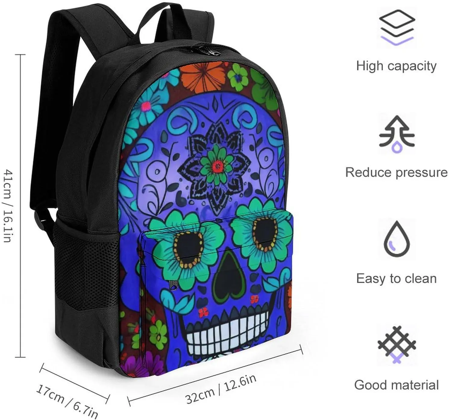 Men Women Polyester Grunge Mexican Sugar Skulls Day Of The Dead Flowers Art Daypack Big Capacity Shoulder Bag With Smooth Zippers for Hiking Work Walking Cycling