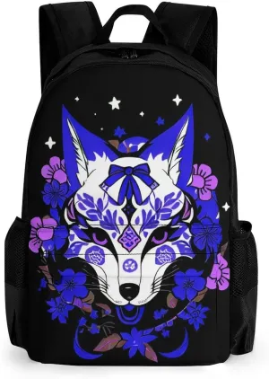 Men Women Polyester Japanese Kitsune Fox Magical Flowers Art Daypack Big Capacity Shoulder Bag With Adjustable Shoulder Straps for Camping Travel Walking Cycling