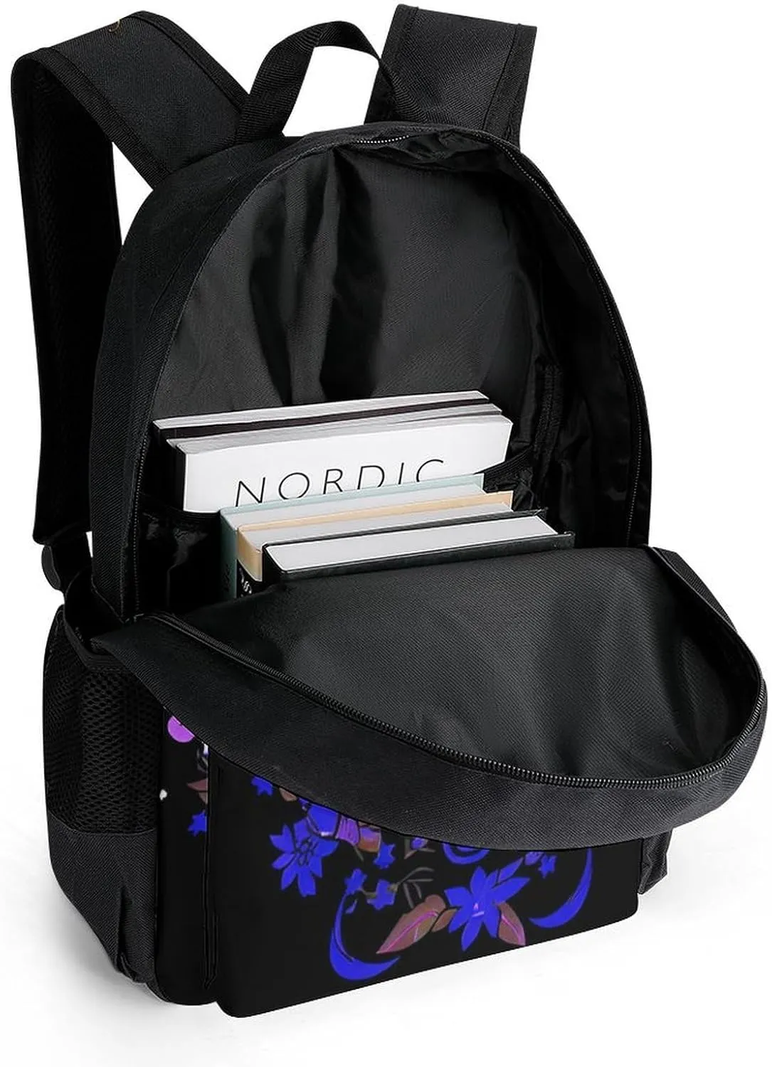 Men Women Polyester Japanese Kitsune Fox Magical Flowers Art Daypack Big Capacity Shoulder Bag With Adjustable Shoulder Straps for Camping Travel Walking Cycling