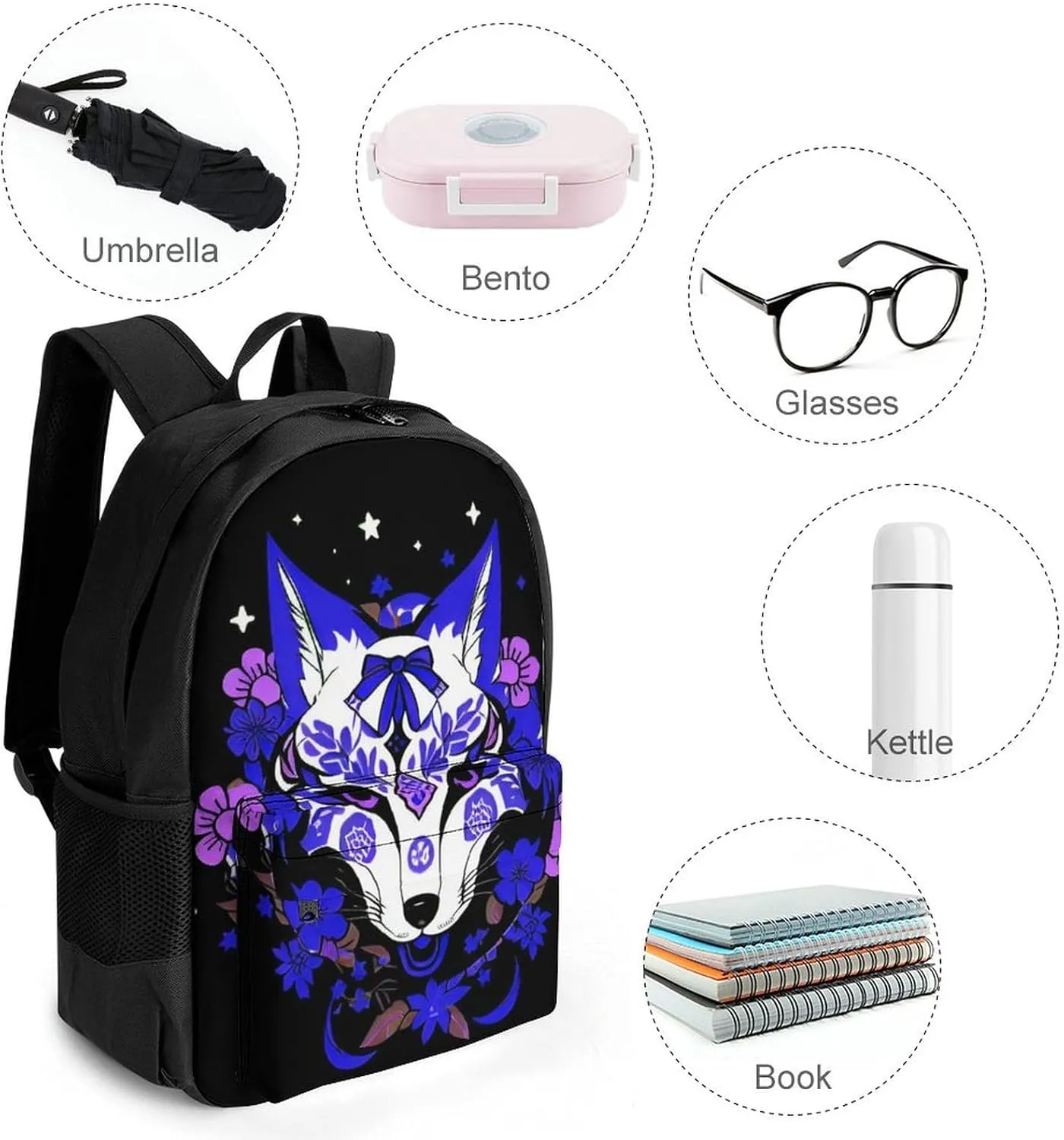 Men Women Polyester Japanese Kitsune Fox Magical Flowers Art Daypack Big Capacity Shoulder Bag With Adjustable Shoulder Straps for Camping Travel Walking Cycling