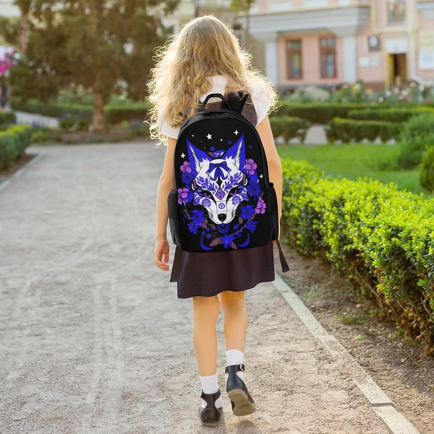 Men Women Polyester Japanese Kitsune Fox Magical Flowers Art Daypack Big Capacity Shoulder Bag With Adjustable Shoulder Straps for Camping Travel Walking Cycling