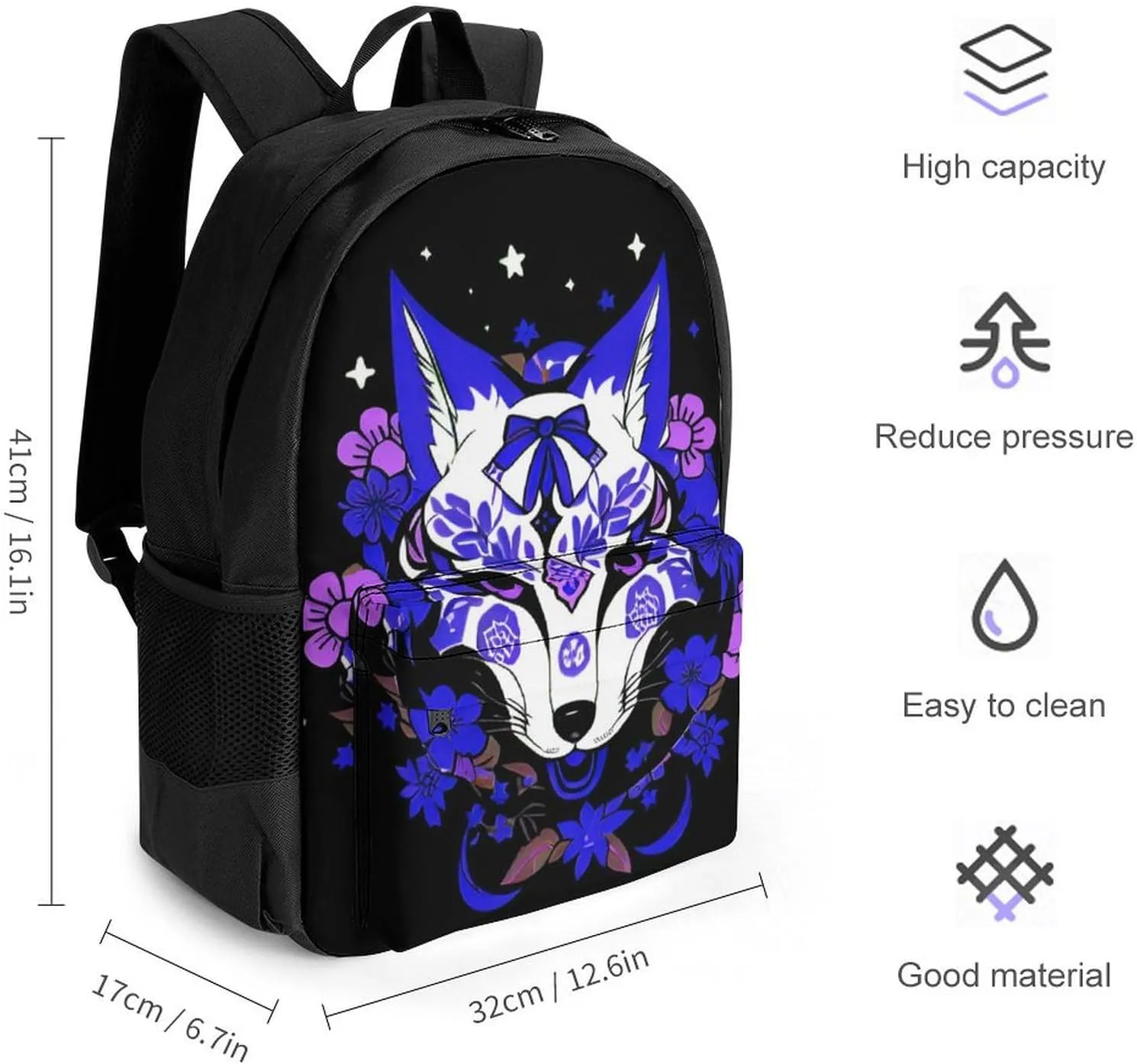 Men Women Polyester Japanese Kitsune Fox Magical Flowers Art Daypack Big Capacity Shoulder Bag With Adjustable Shoulder Straps for Camping Travel Walking Cycling