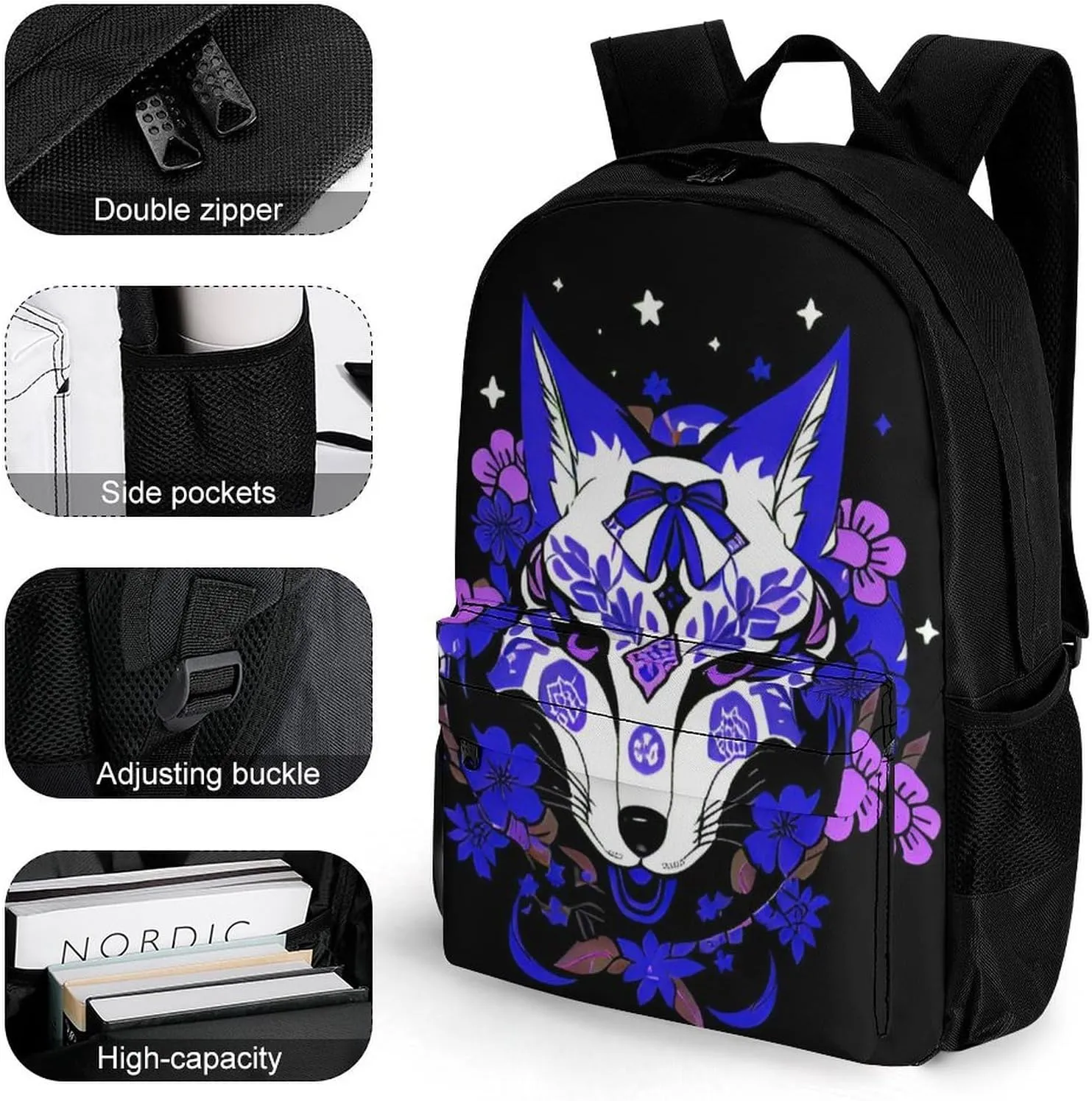 Men Women Polyester Japanese Kitsune Fox Magical Flowers Art Daypack Big Capacity Shoulder Bag With Adjustable Shoulder Straps for Camping Travel Walking Cycling