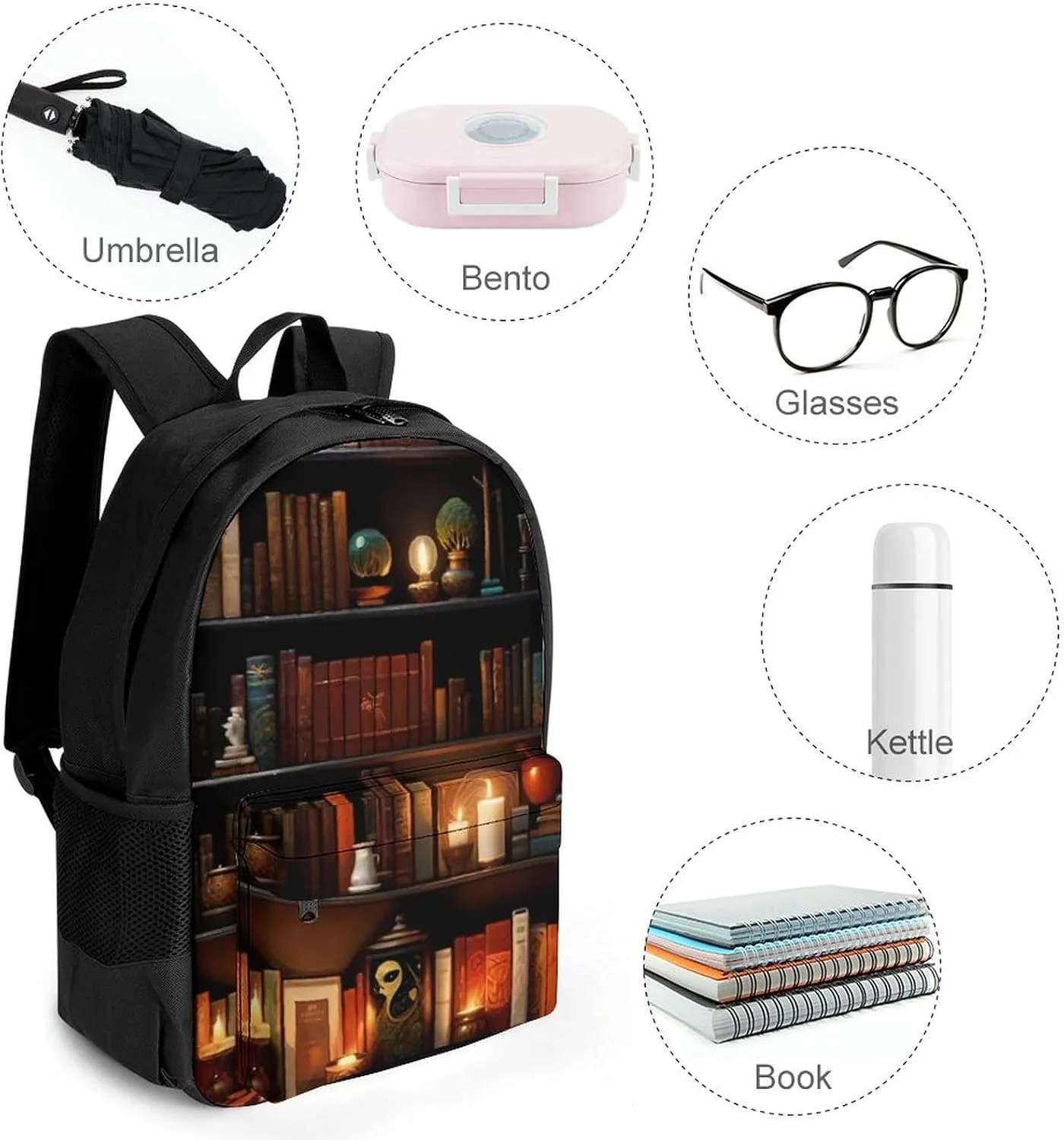 Men Women Polyester Magic Bookshelf Vintage Style Book Art Casual Daypack Large Capacity Carry On Bag With Adjustable Shoulder Straps for Camping Work Running