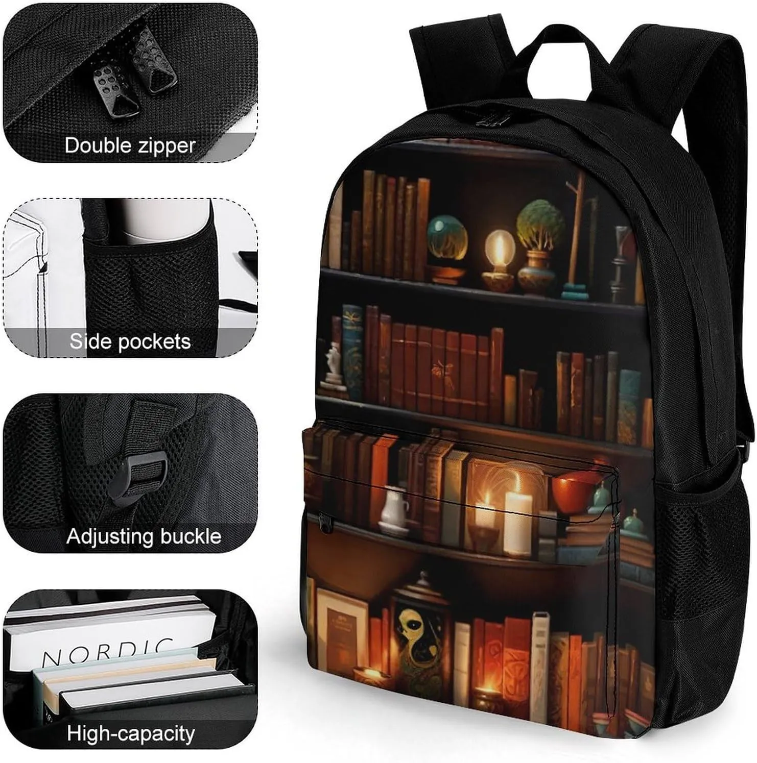 Men Women Polyester Magic Bookshelf Vintage Style Book Art Casual Daypack Large Capacity Carry On Bag With Adjustable Shoulder Straps for Camping Work Running