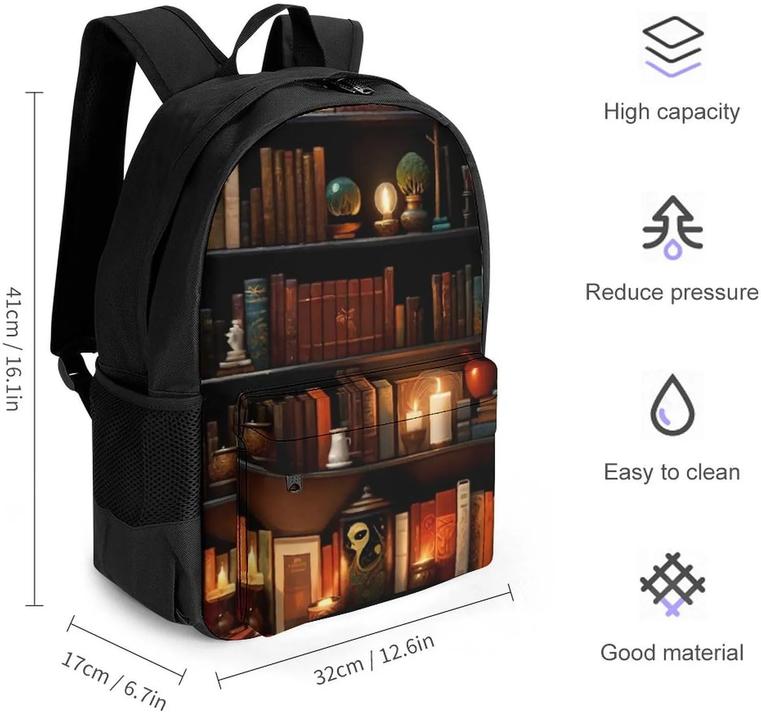 Men Women Polyester Magic Bookshelf Vintage Style Book Art Casual Daypack Large Capacity Carry On Bag With Adjustable Shoulder Straps for Camping Work Running