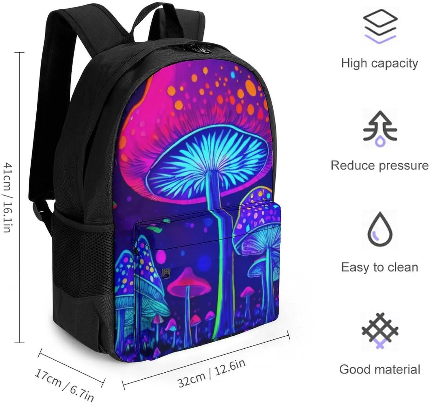 Men Women Polyester Magic Mushrooms Fairytale Mushrooms Scenery Psychedelic Art Casual Daypack Large Capacity Carry On Bag With Adjustable Shoulder Straps for Camping Work Running