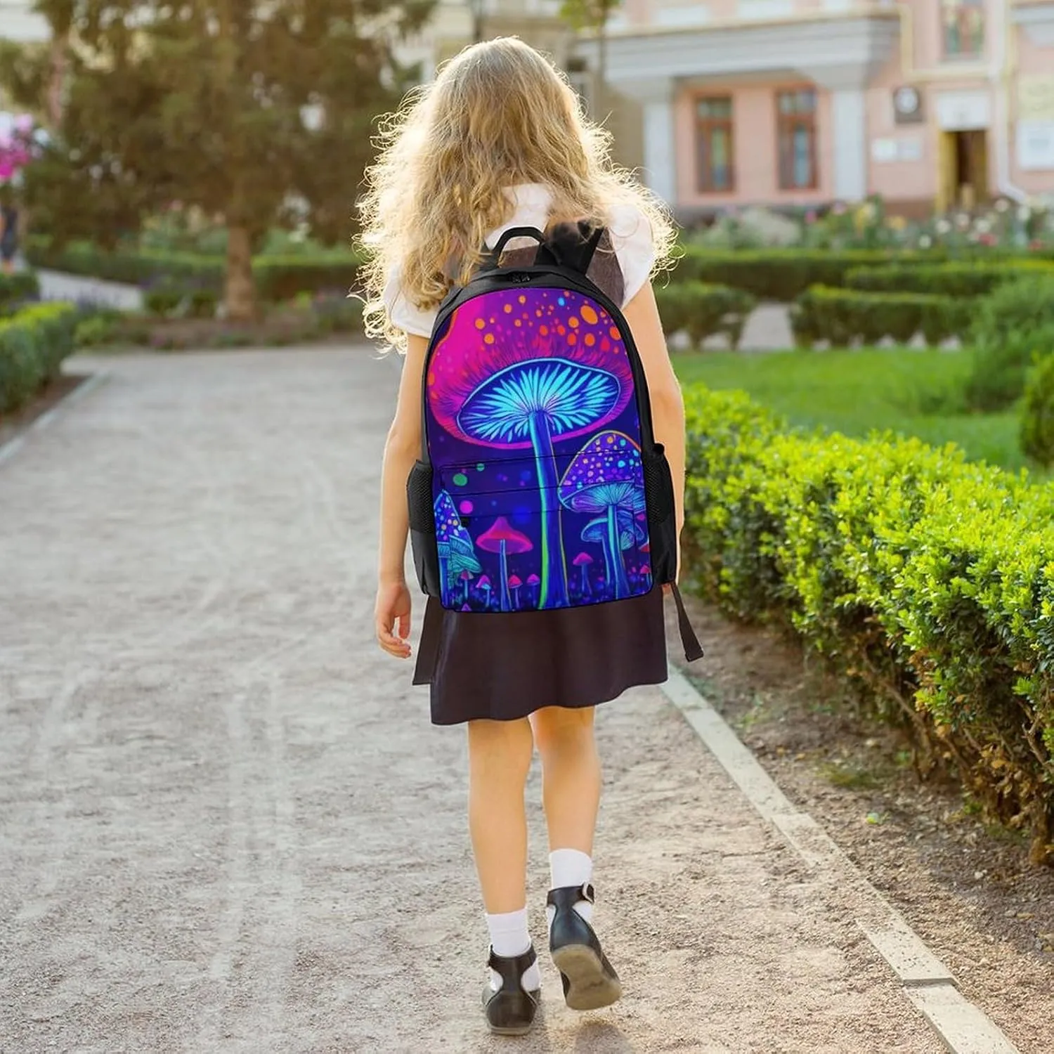 Men Women Polyester Magic Mushrooms Fairytale Mushrooms Scenery Psychedelic Art Casual Daypack Large Capacity Carry On Bag With Adjustable Shoulder Straps for Camping Work Running
