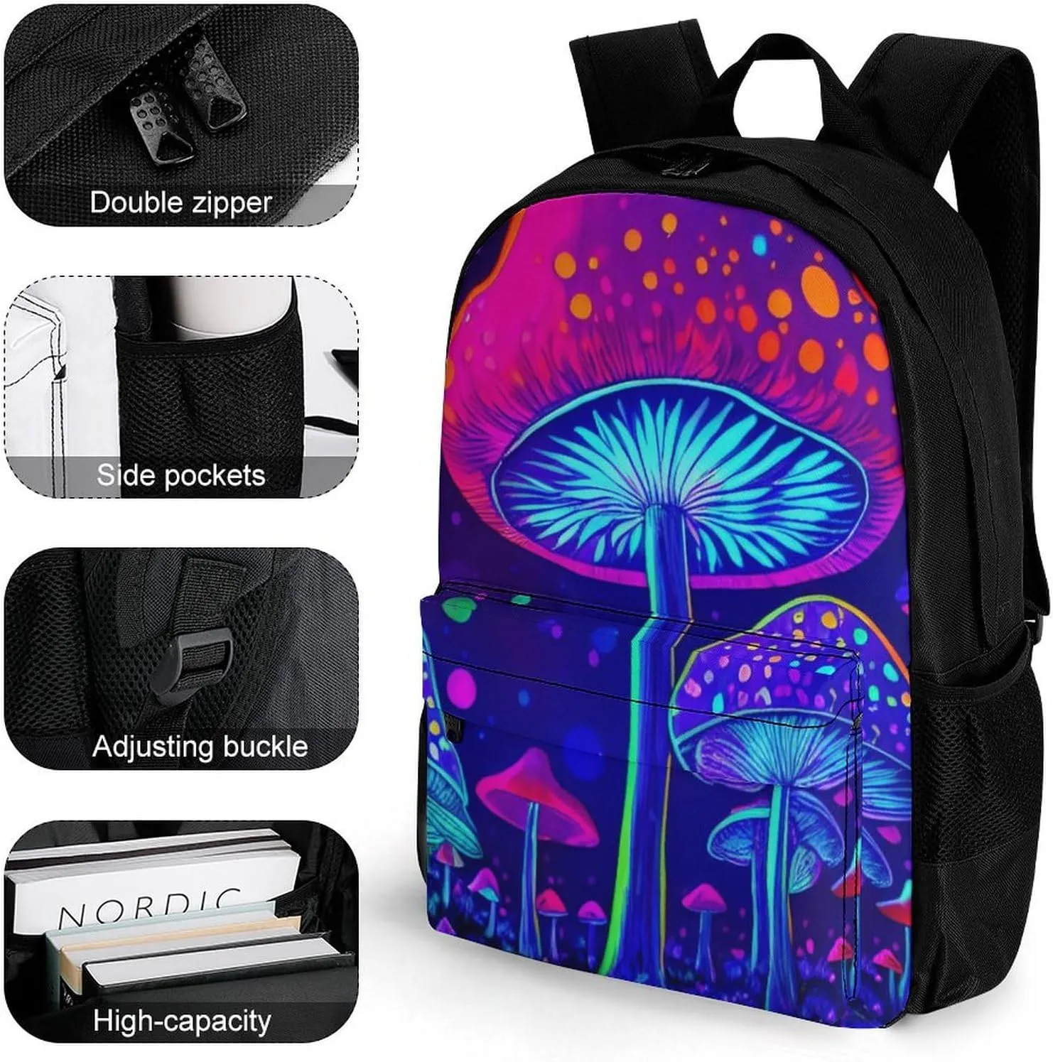 Men Women Polyester Magic Mushrooms Fairytale Mushrooms Scenery Psychedelic Art Casual Daypack Large Capacity Carry On Bag With Adjustable Shoulder Straps for Camping Work Running