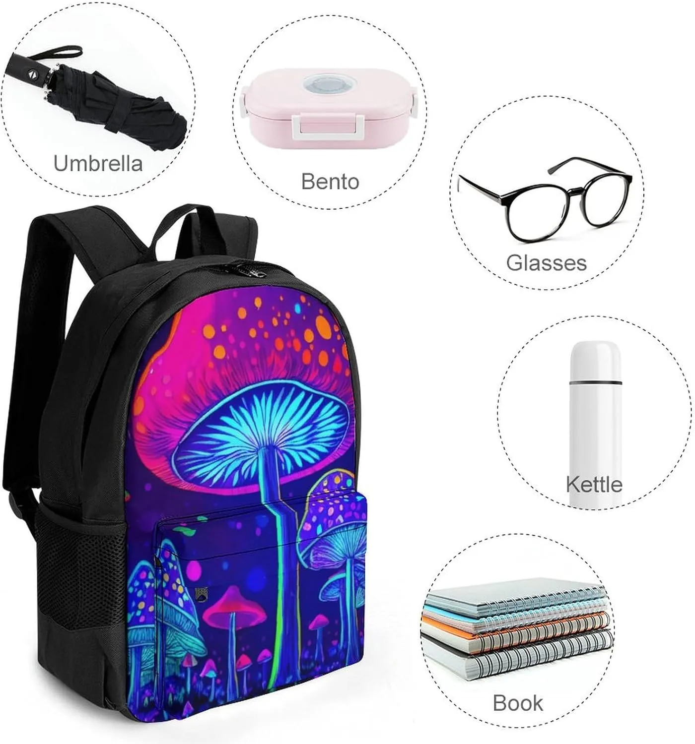 Men Women Polyester Magic Mushrooms Fairytale Mushrooms Scenery Psychedelic Art Casual Daypack Large Capacity Carry On Bag With Adjustable Shoulder Straps for Camping Work Running
