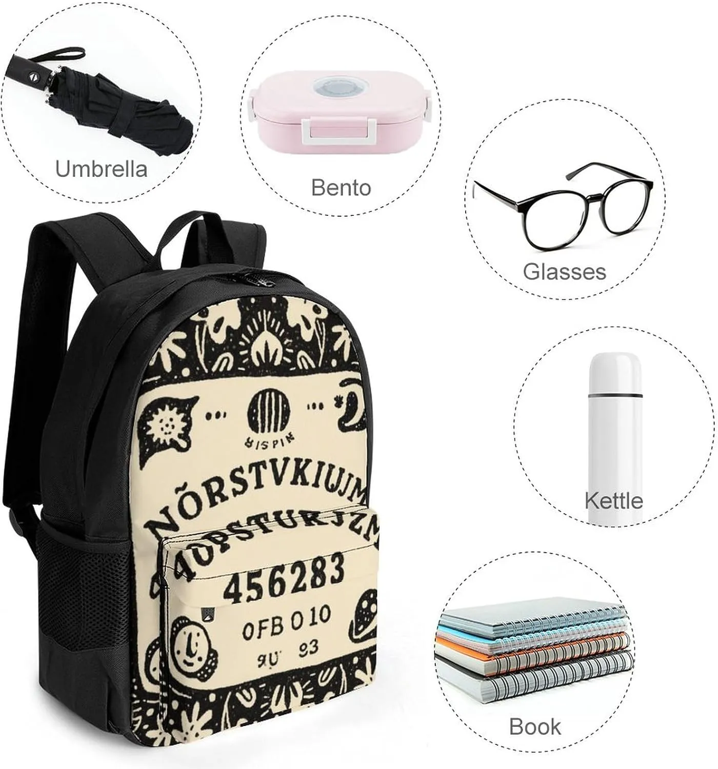 Men Women Polyester Magic Spirit Board Witch Art Casual Daypack Large Capacity Carry On Bag With Adjustable Shoulder Straps for Camping Work Running