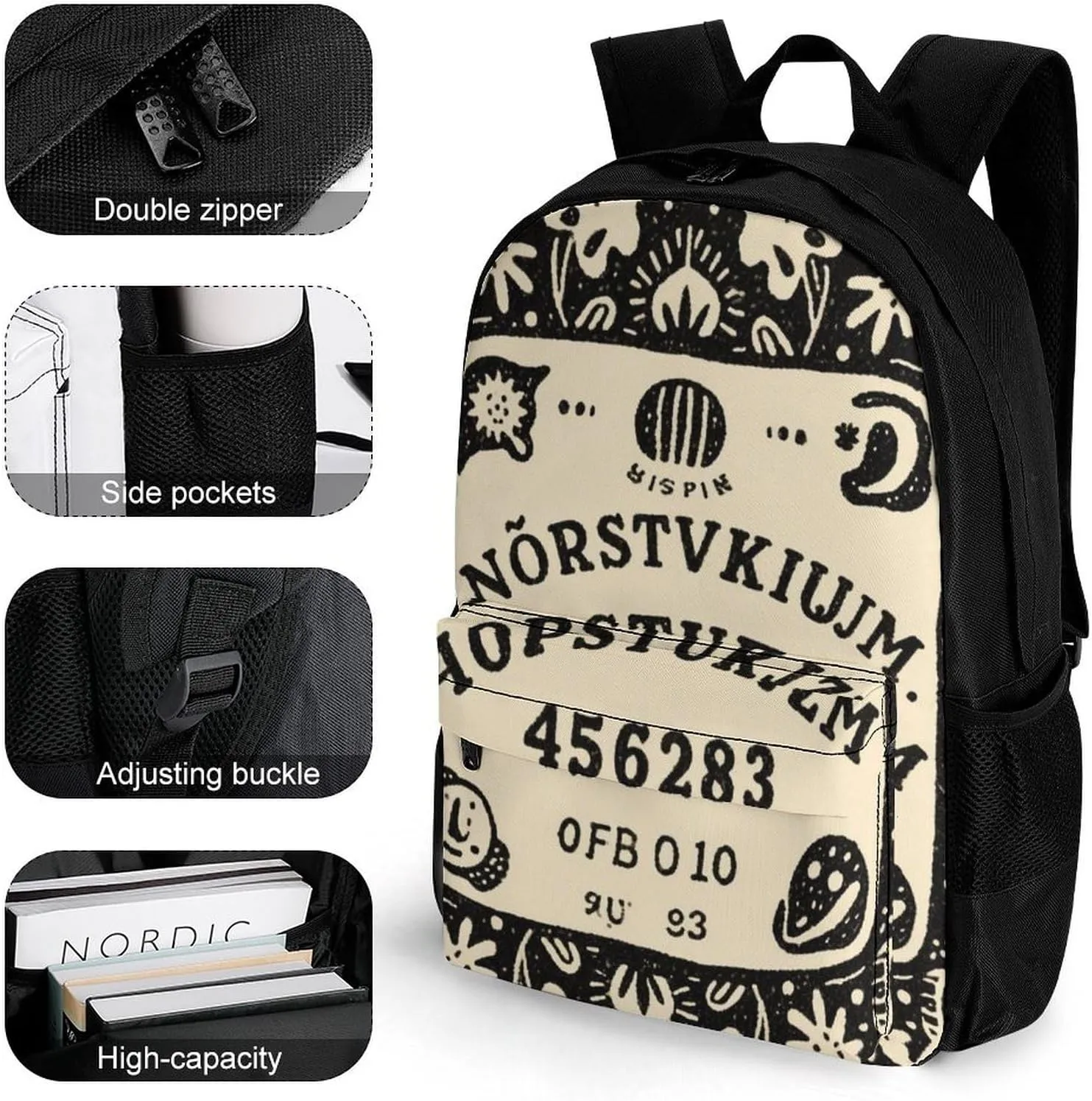 Men Women Polyester Magic Spirit Board Witch Art Casual Daypack Large Capacity Carry On Bag With Adjustable Shoulder Straps for Camping Work Running