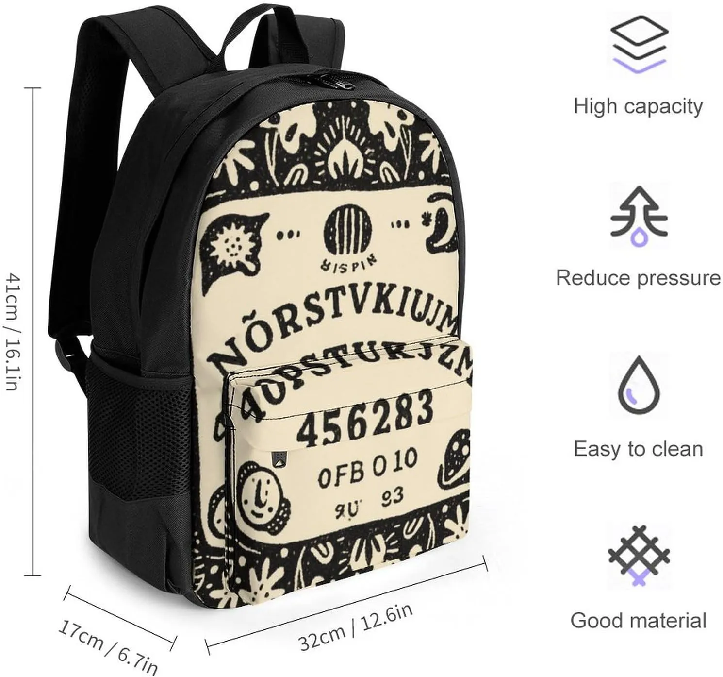 Men Women Polyester Magic Spirit Board Witch Art Casual Daypack Large Capacity Carry On Bag With Adjustable Shoulder Straps for Camping Work Running
