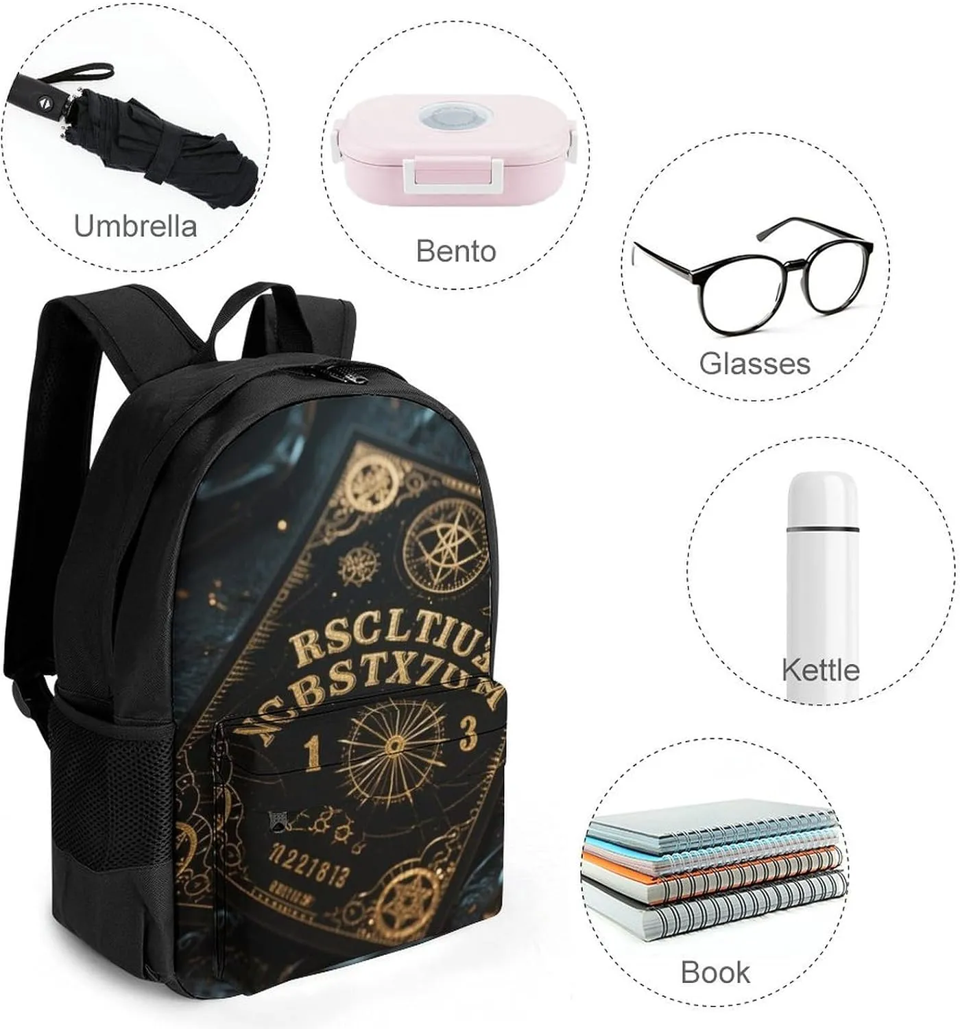 Men Women Polyester Magic Spirit Board Witch Art Daypack Backpack Large Capacity Carry On Bag With Smooth Zippers for Hiking Picnic Walking Cycling