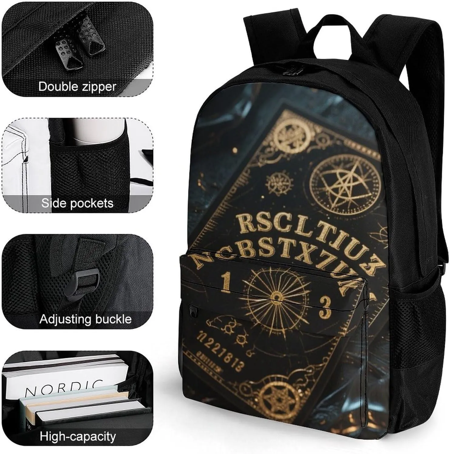 Men Women Polyester Magic Spirit Board Witch Art Daypack Backpack Large Capacity Carry On Bag With Smooth Zippers for Hiking Picnic Walking Cycling
