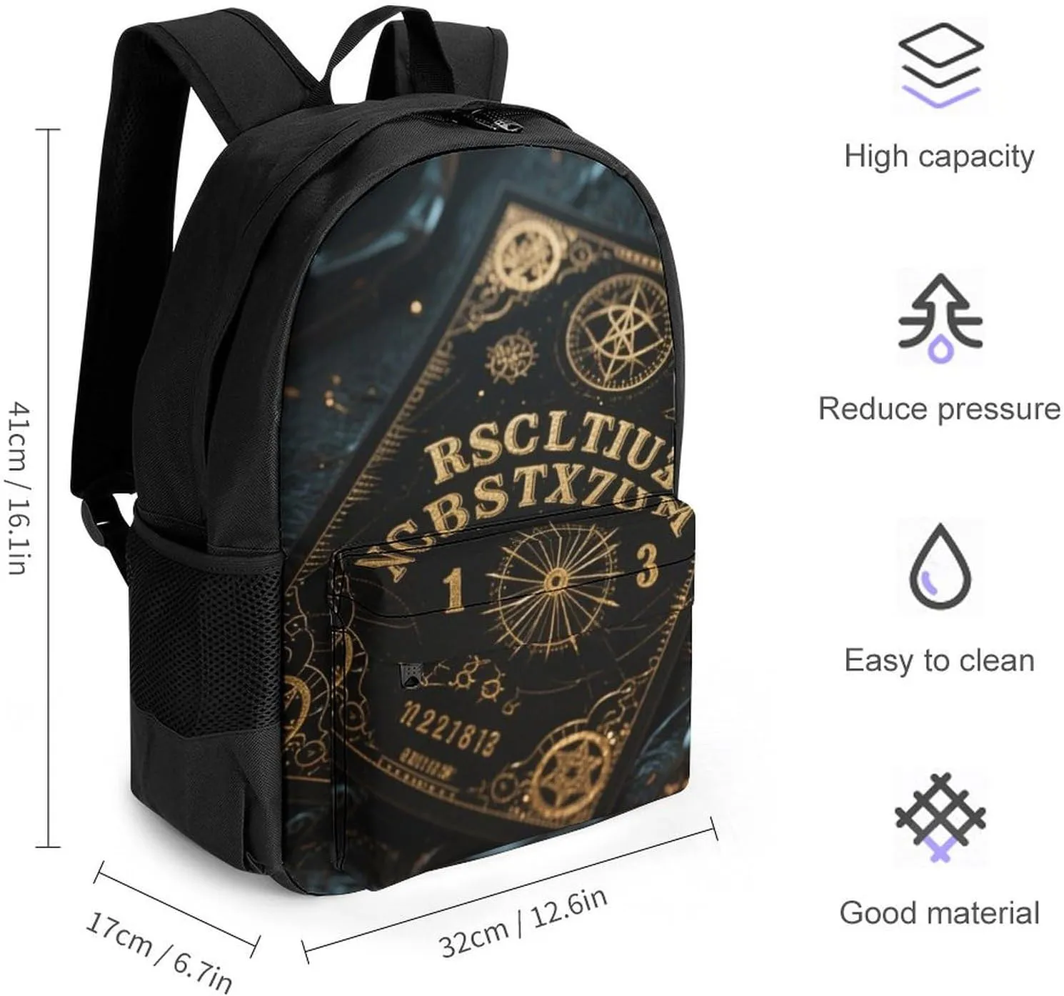 Men Women Polyester Magic Spirit Board Witch Art Daypack Backpack Large Capacity Carry On Bag With Smooth Zippers for Hiking Picnic Walking Cycling