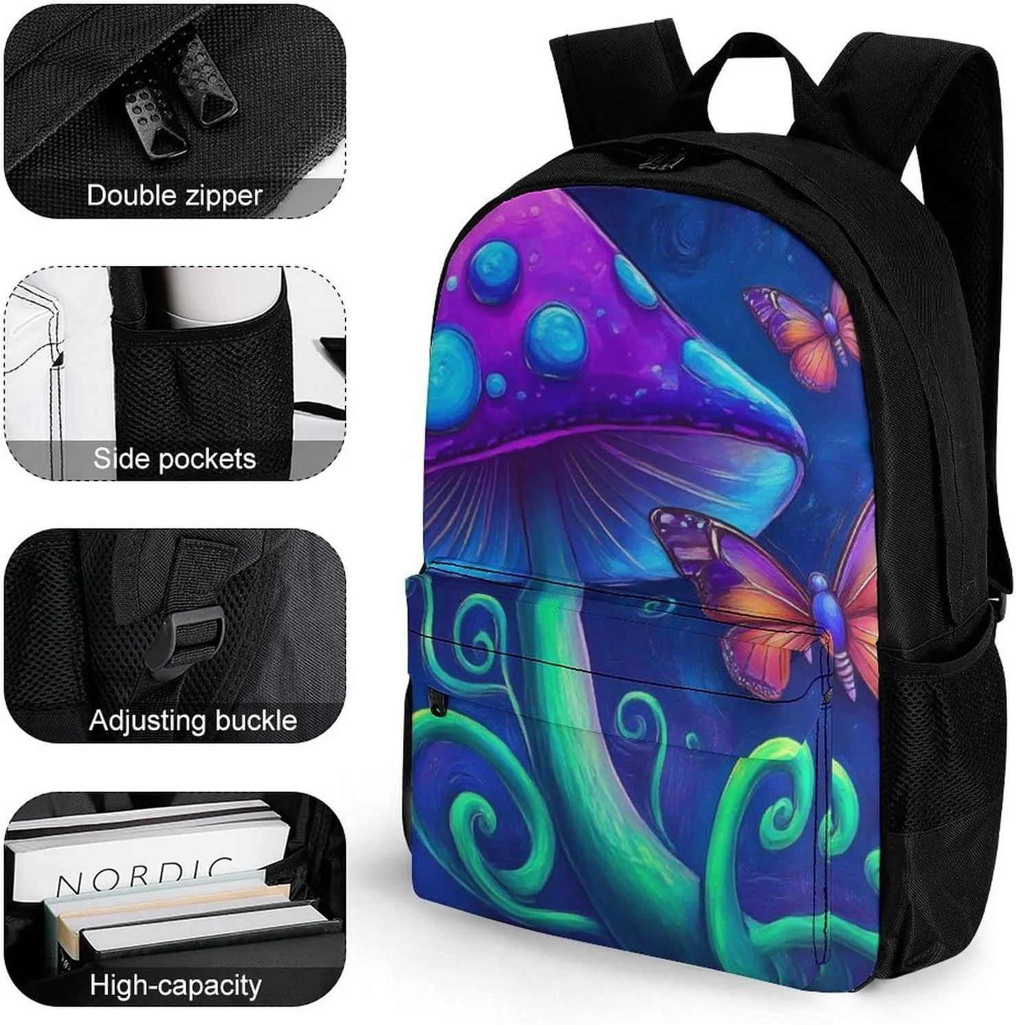 Men Women Polyester Mushroom Trippy Magic Art Daypack Big Capacity Shoulder Bag With Adjustable Shoulder Straps for Camping Travel Walking Cycling