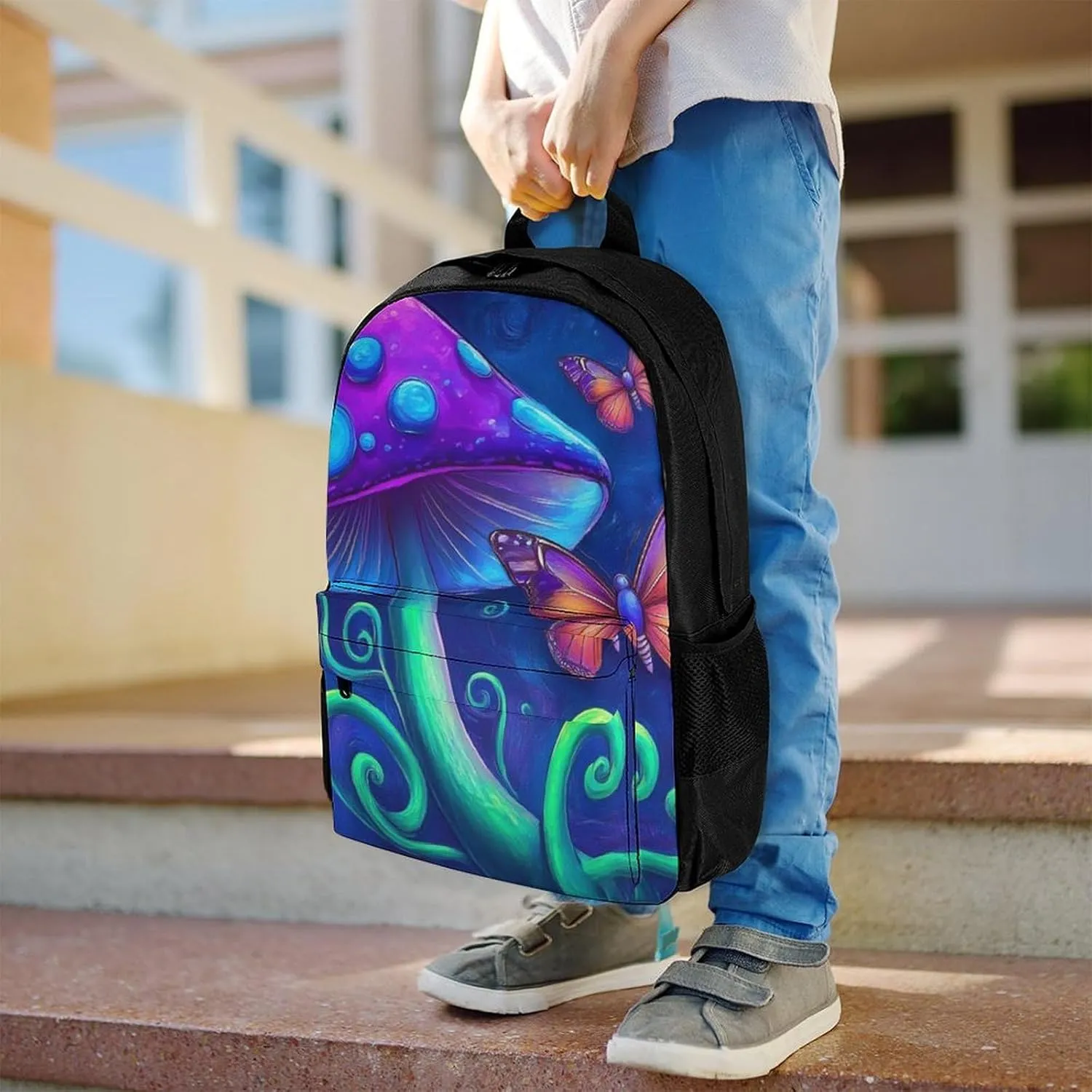 Men Women Polyester Mushroom Trippy Magic Art Daypack Big Capacity Shoulder Bag With Adjustable Shoulder Straps for Camping Travel Walking Cycling