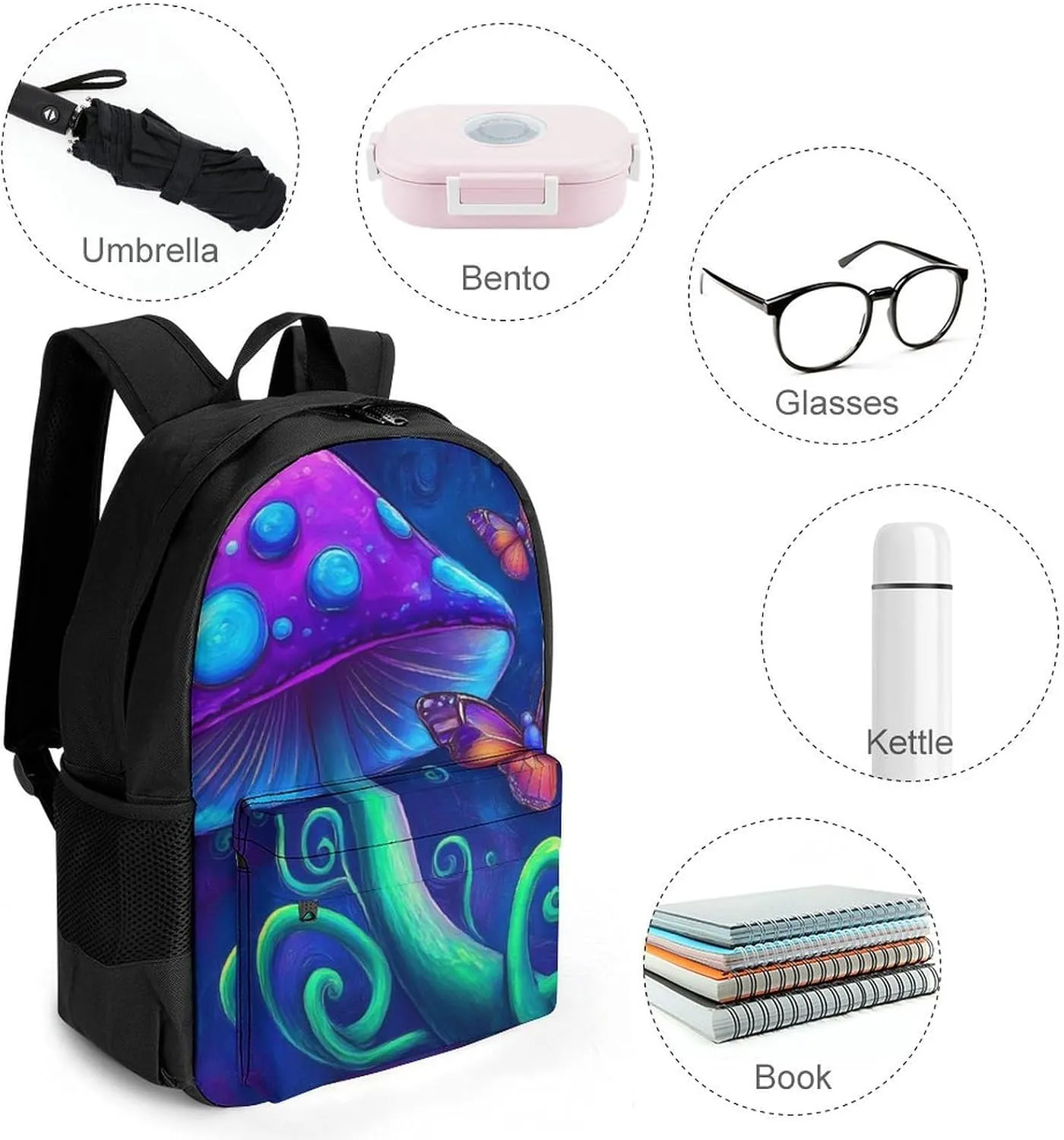 Men Women Polyester Mushroom Trippy Magic Art Daypack Big Capacity Shoulder Bag With Adjustable Shoulder Straps for Camping Travel Walking Cycling