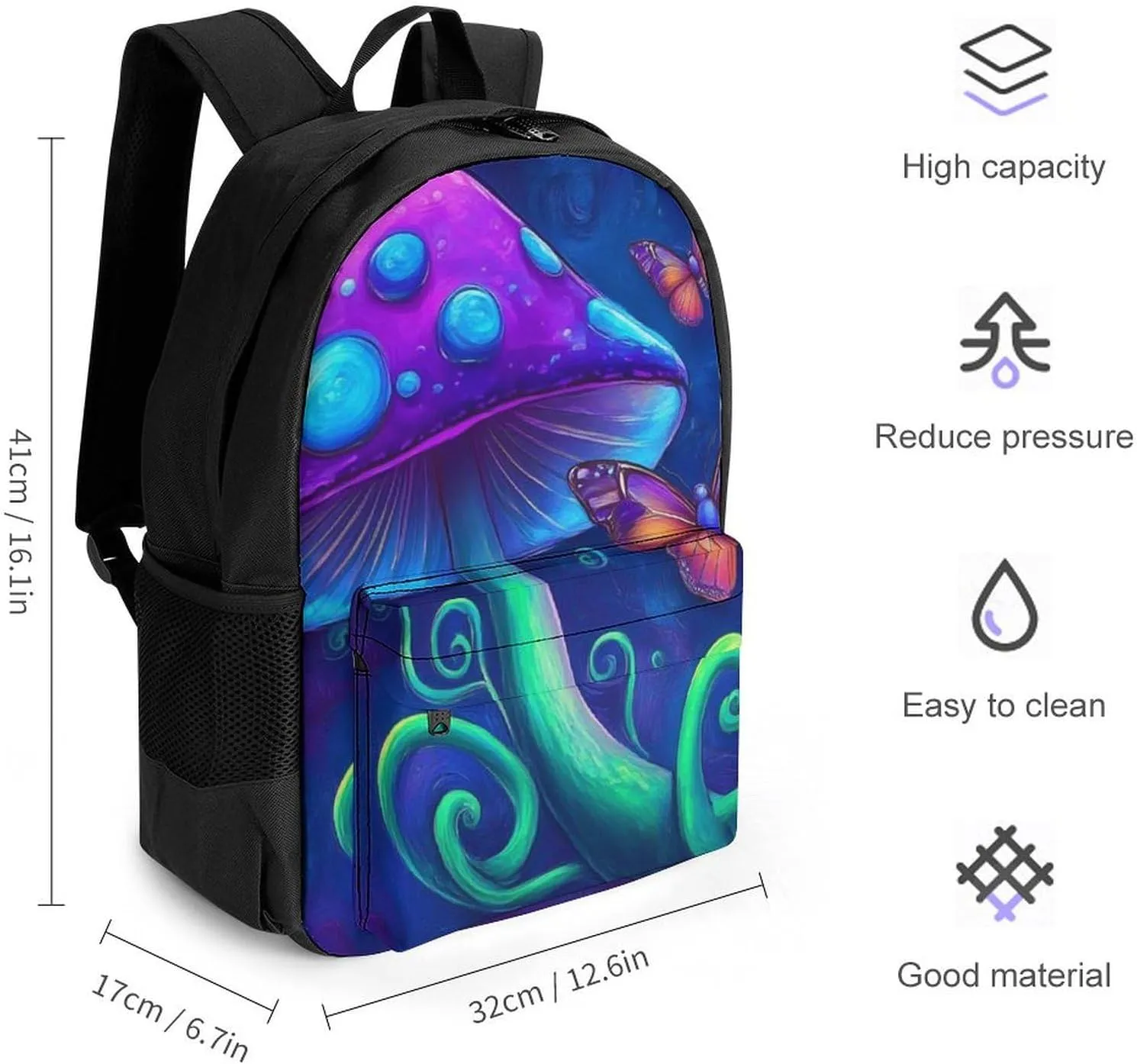 Men Women Polyester Mushroom Trippy Magic Art Daypack Big Capacity Shoulder Bag With Adjustable Shoulder Straps for Camping Travel Walking Cycling