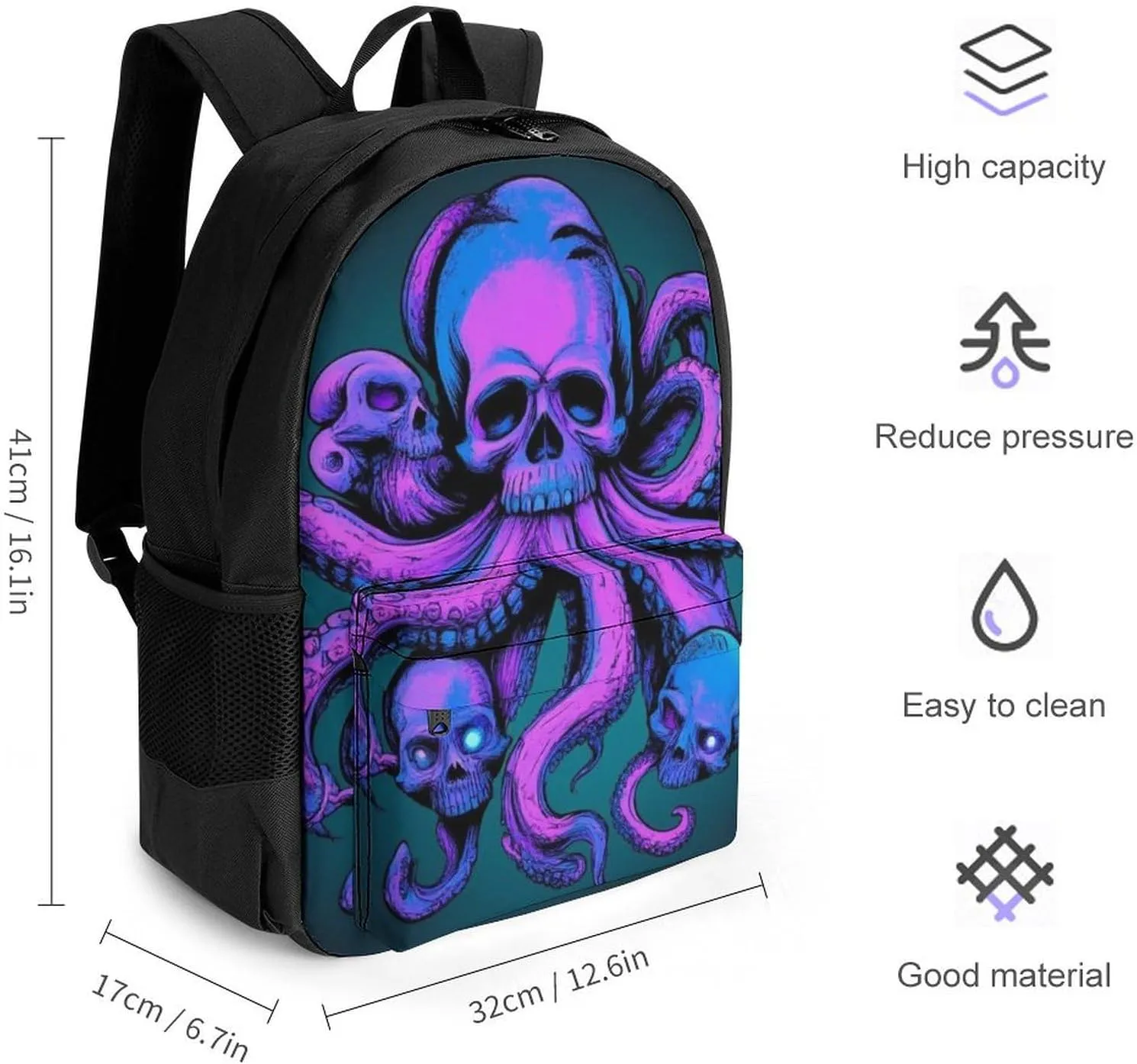 Men Women Polyester Octopus Skull Art Daypack Backpack Large Capacity Carry On Bag With Smooth Zippers for Hiking Picnic Walking Cycling