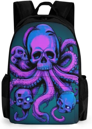 Men Women Polyester Octopus Skull Art Daypack Backpack Large Capacity Carry On Bag With Smooth Zippers for Hiking Picnic Walking Cycling