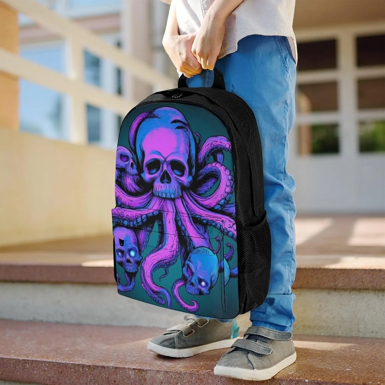 Men Women Polyester Octopus Skull Art Daypack Backpack Large Capacity Carry On Bag With Smooth Zippers for Hiking Picnic Walking Cycling