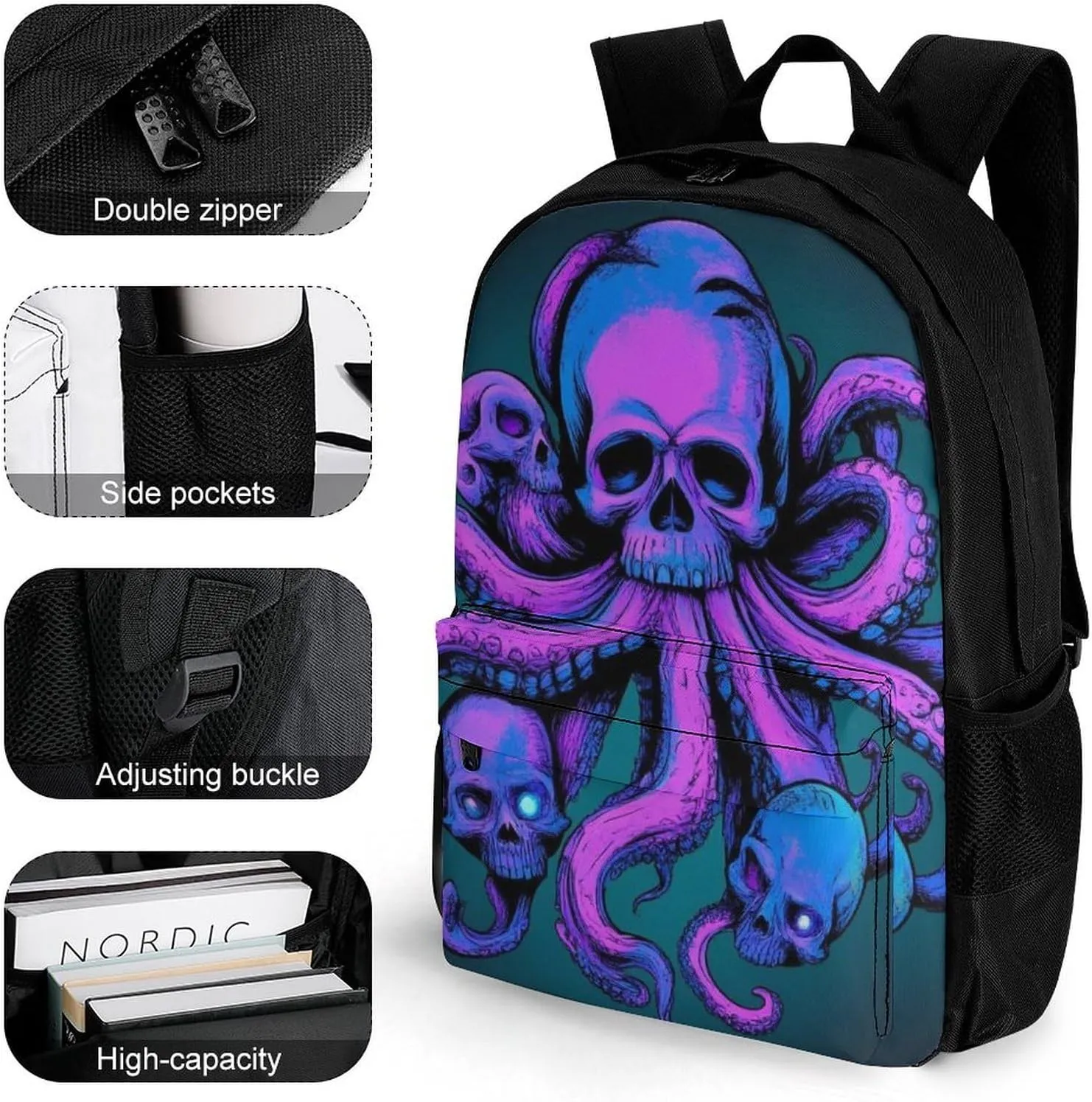 Men Women Polyester Octopus Skull Art Daypack Backpack Large Capacity Carry On Bag With Smooth Zippers for Hiking Picnic Walking Cycling
