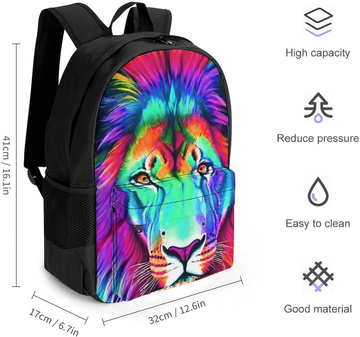 Men Women Polyester Psychedelic Lion Art Daypack Bookbag Big Capacity Shoulder Bag With Padded Straps for Climbing Travel Walking Cycling
