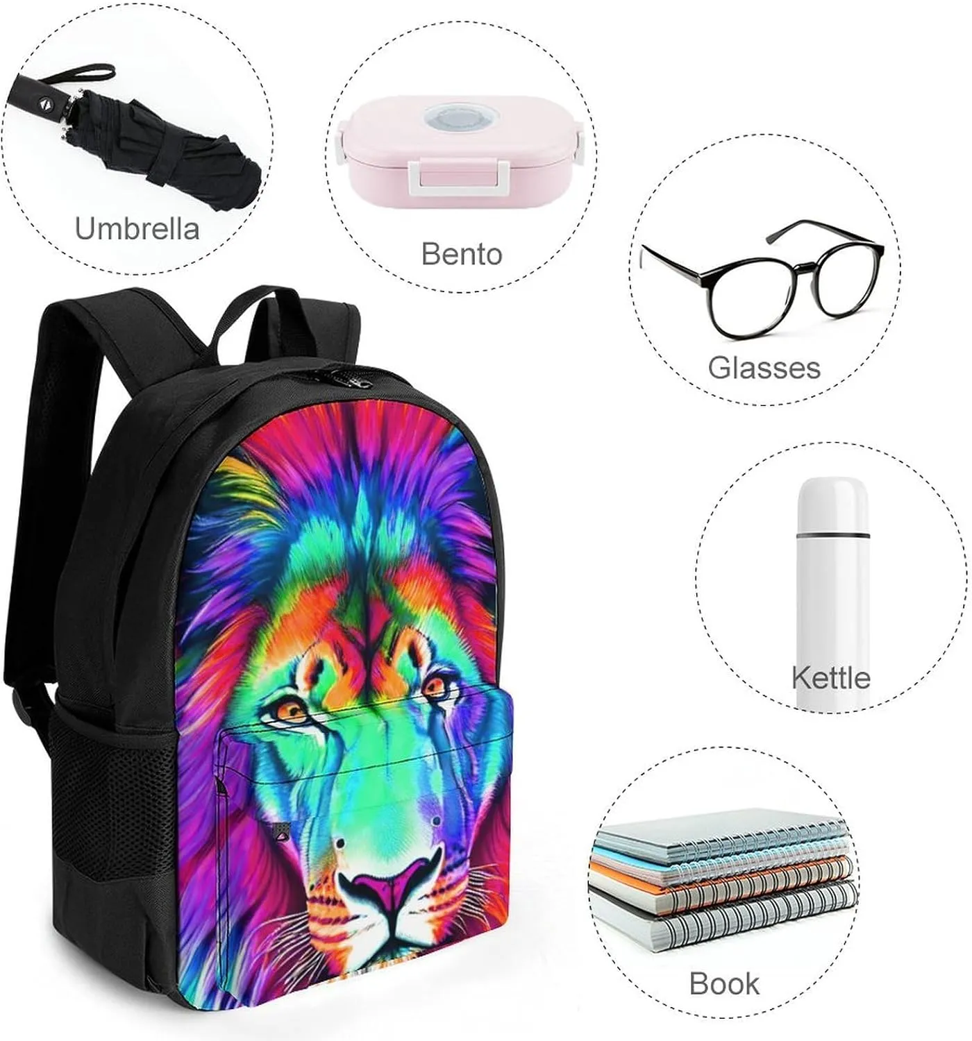 Men Women Polyester Psychedelic Lion Art Daypack Bookbag Big Capacity Shoulder Bag With Padded Straps for Climbing Travel Walking Cycling
