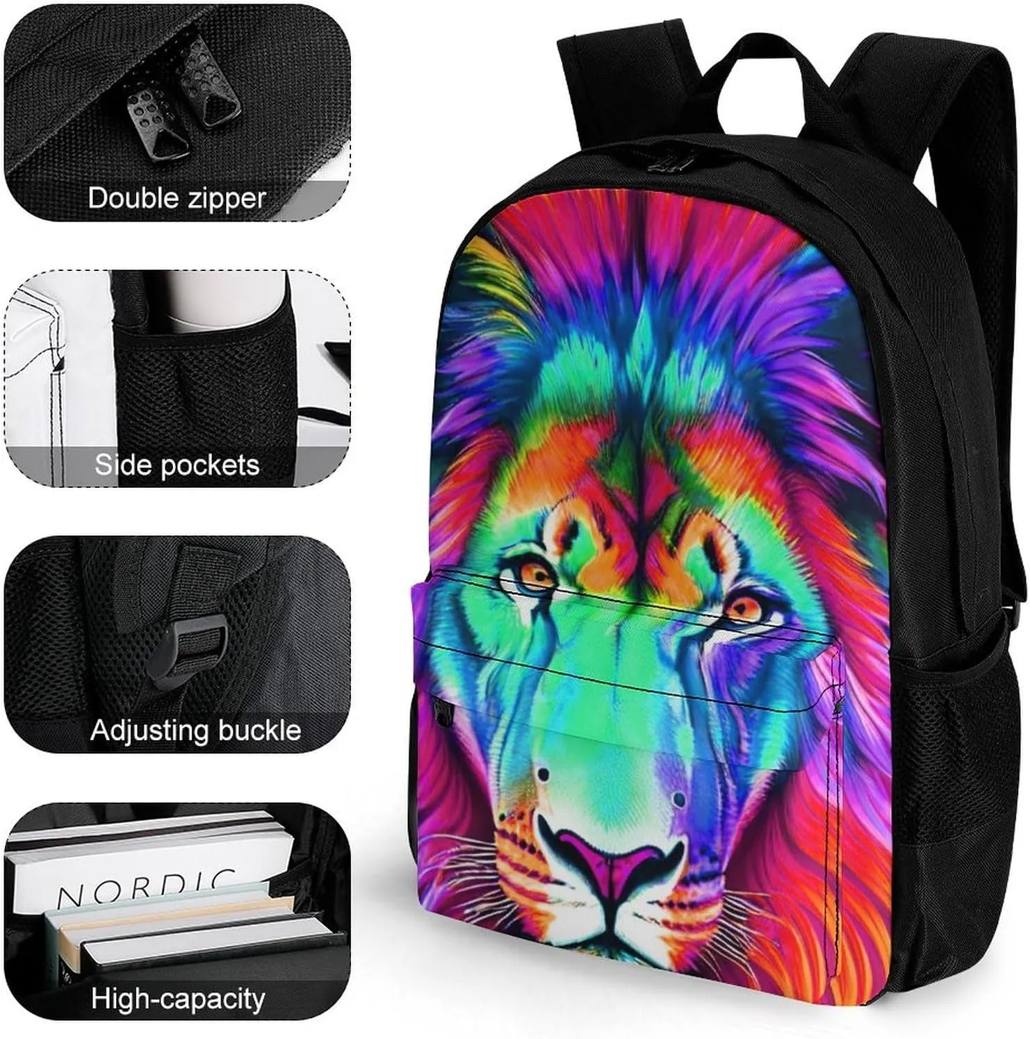 Men Women Polyester Psychedelic Lion Art Daypack Bookbag Big Capacity Shoulder Bag With Padded Straps for Climbing Travel Walking Cycling