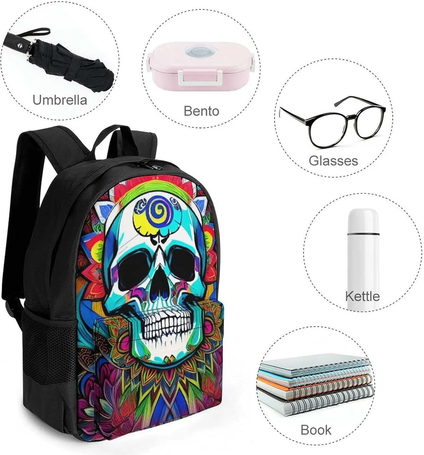Men Women Polyester Psychedelic Skull Art Daypack Big Capacity Shoulder Bag With Smooth Zippers for Hiking Work Walking Cycling