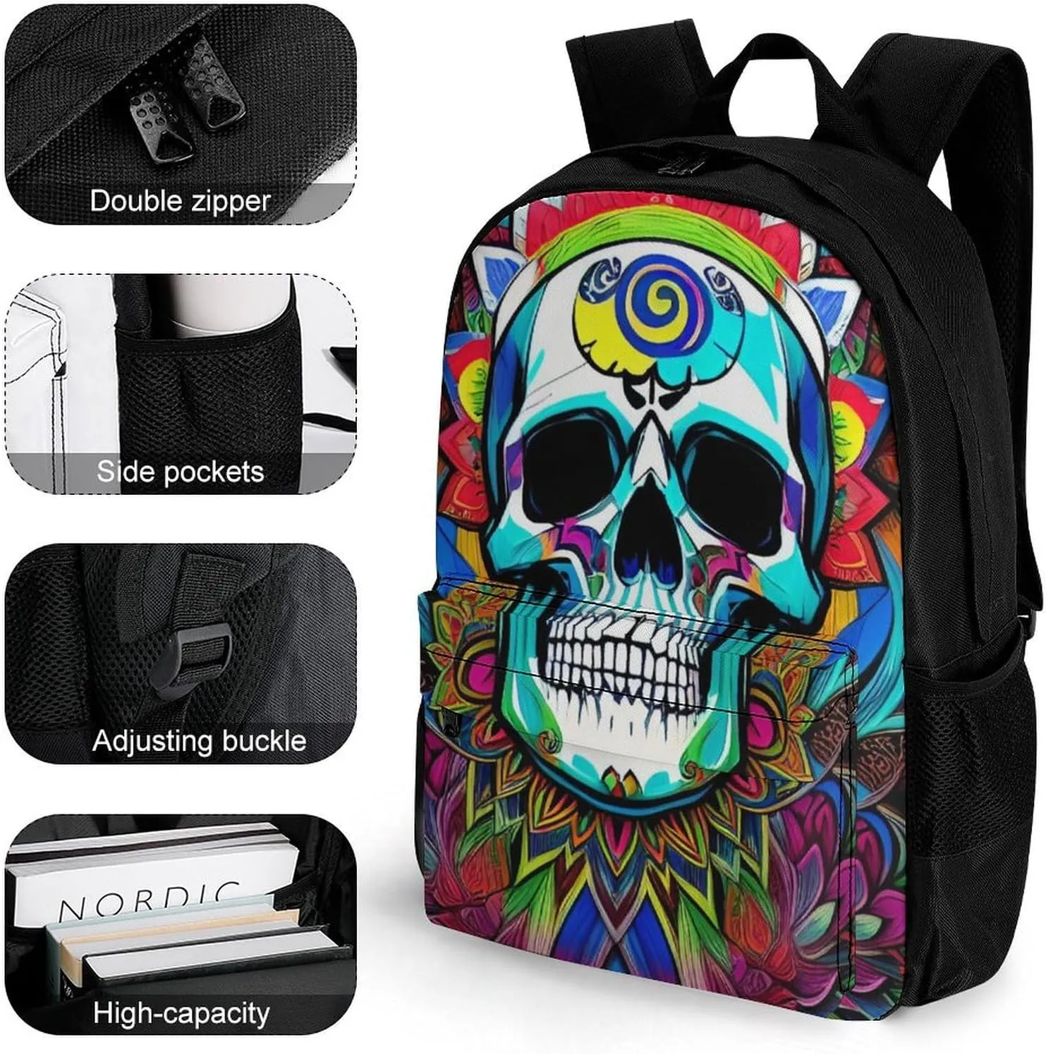 Men Women Polyester Psychedelic Skull Art Daypack Big Capacity Shoulder Bag With Smooth Zippers for Hiking Work Walking Cycling