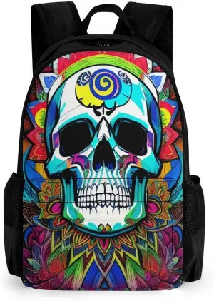Men Women Polyester Psychedelic Skull Art Daypack Big Capacity Shoulder Bag With Smooth Zippers for Hiking Work Walking Cycling