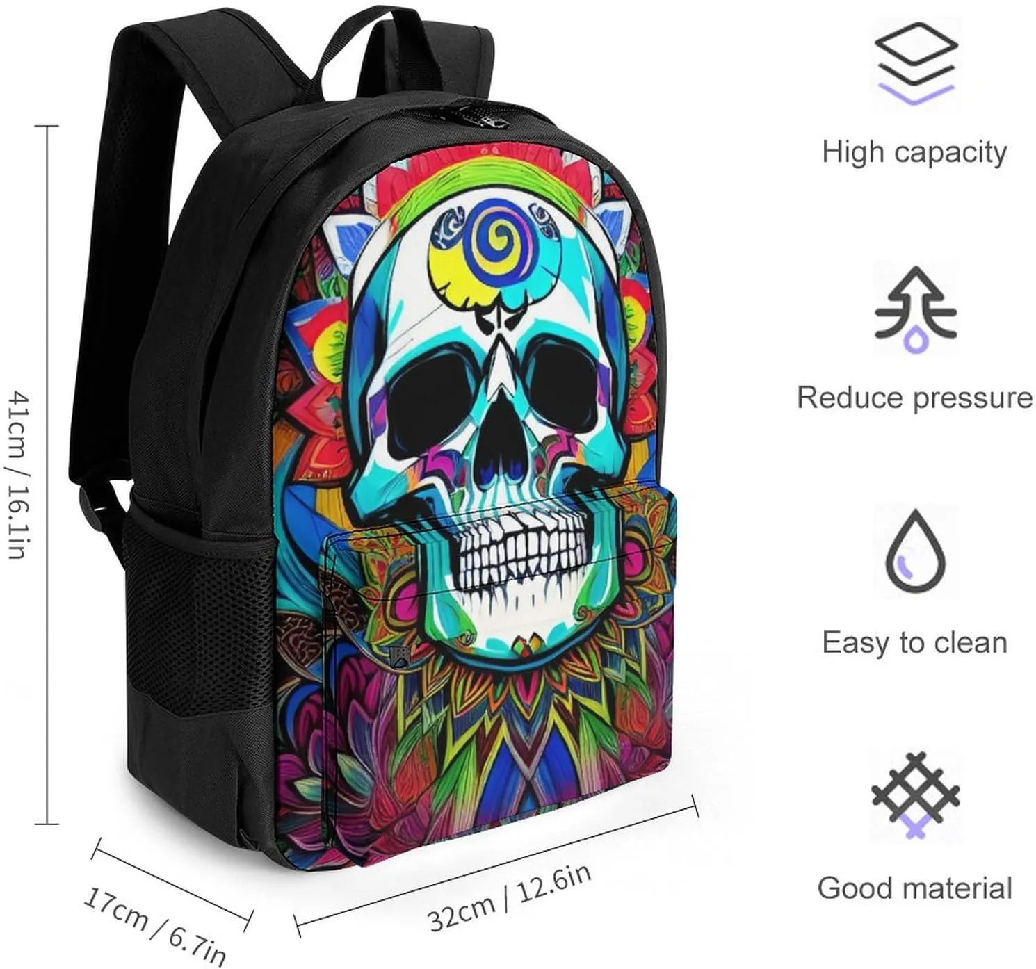 Men Women Polyester Psychedelic Skull Art Daypack Big Capacity Shoulder Bag With Smooth Zippers for Hiking Work Walking Cycling
