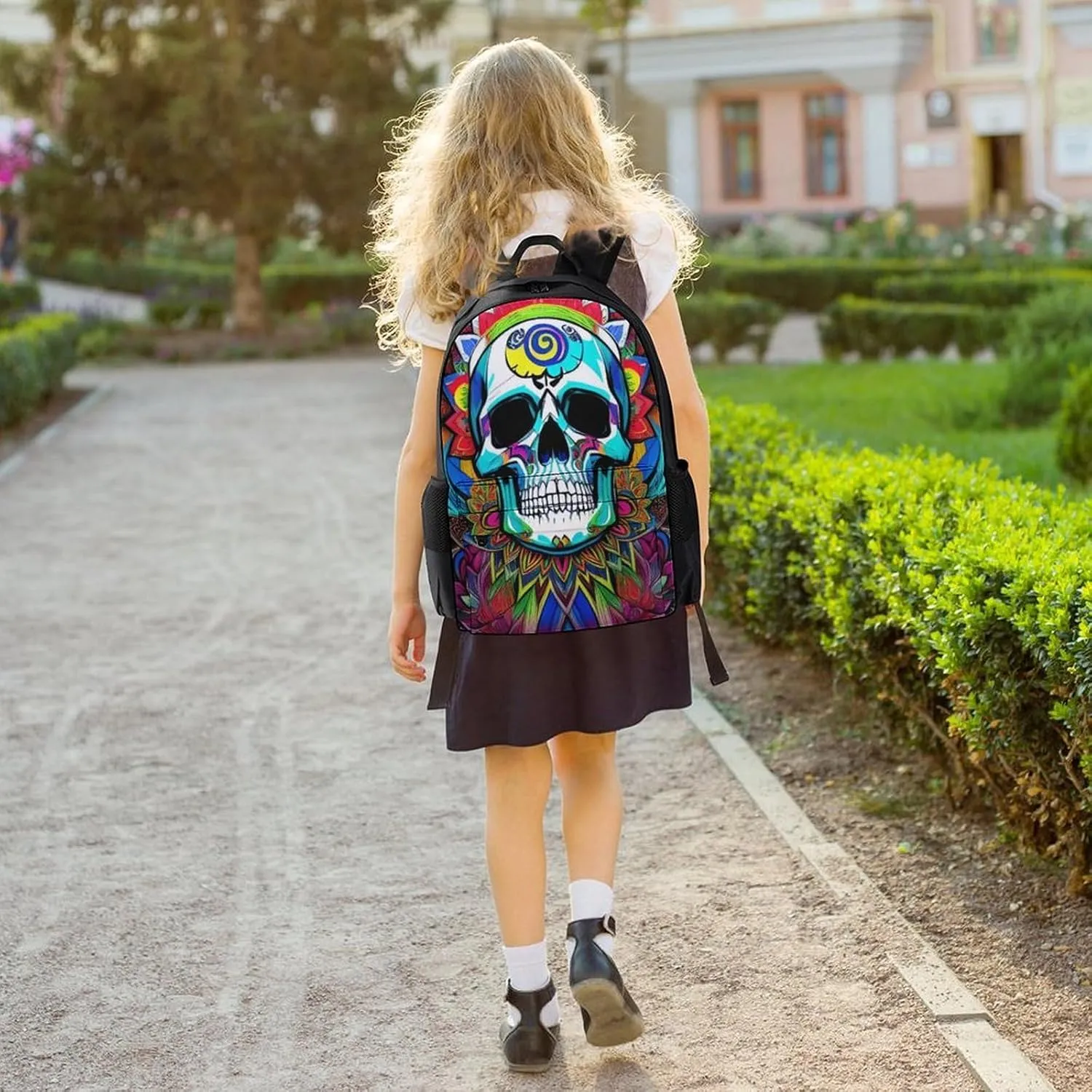 Men Women Polyester Psychedelic Skull Art Daypack Big Capacity Shoulder Bag With Smooth Zippers for Hiking Work Walking Cycling