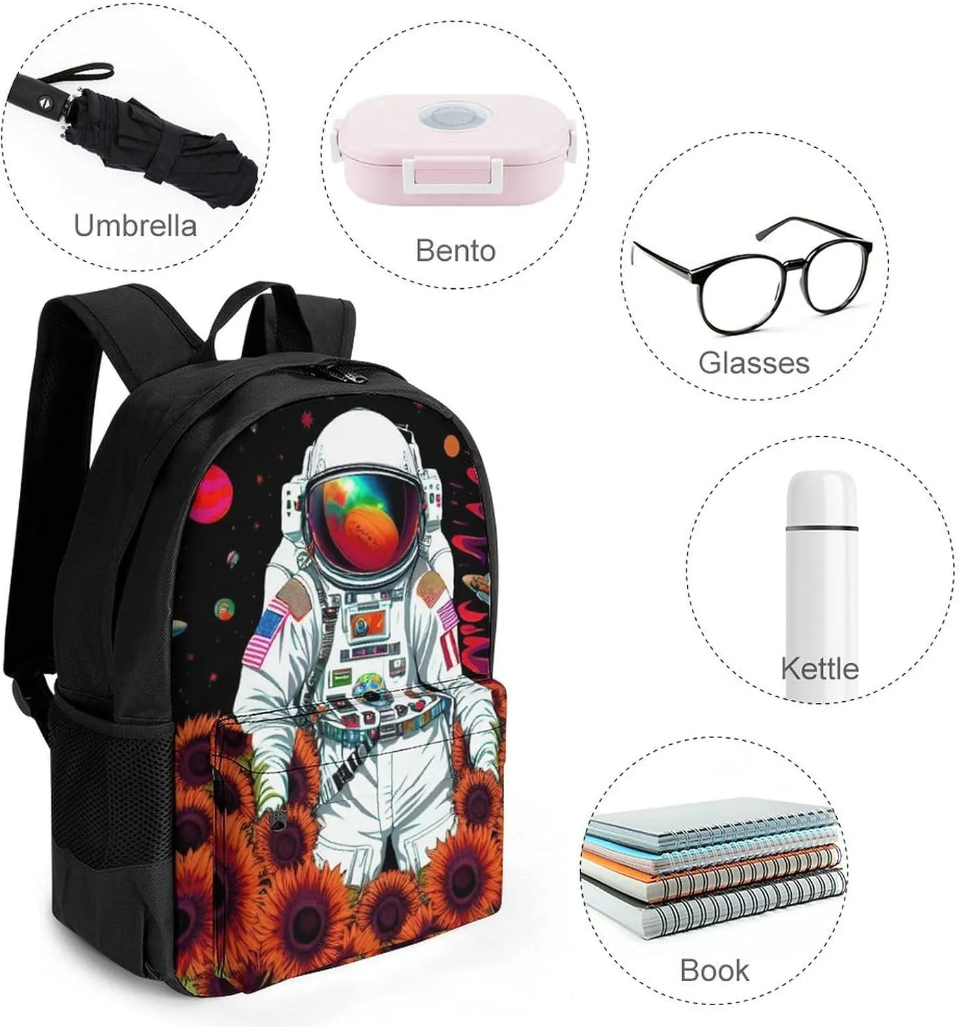 Men Women Polyester Psychedelic Space Astronaut Sunflower Snake Art Daypack Backpack Large Capacity Carry On Bag With Smooth Zippers for Hiking Picnic Walking Cycling