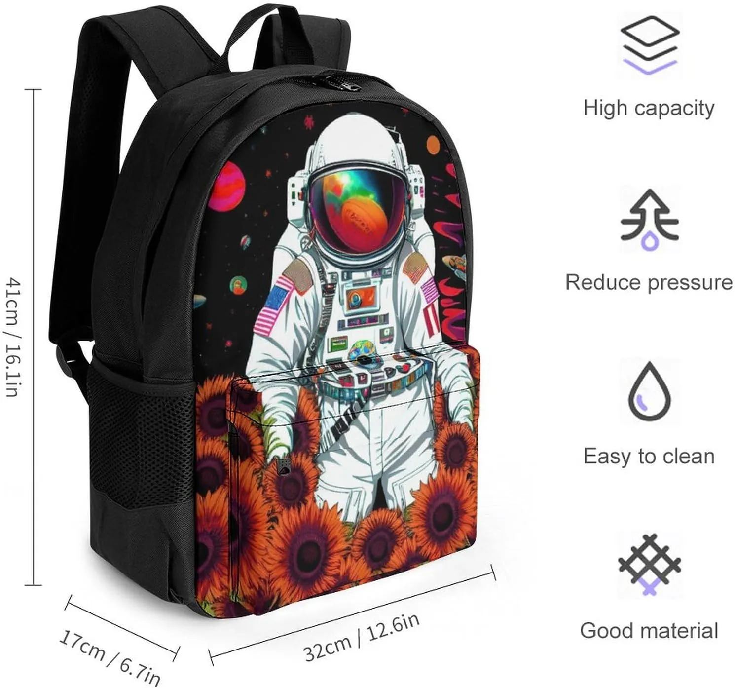 Men Women Polyester Psychedelic Space Astronaut Sunflower Snake Art Daypack Backpack Large Capacity Carry On Bag With Smooth Zippers for Hiking Picnic Walking Cycling