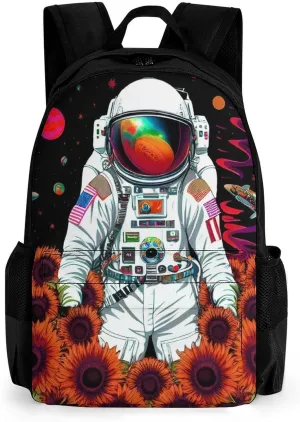 Men Women Polyester Psychedelic Space Astronaut Sunflower Snake Art Daypack Backpack Large Capacity Carry On Bag With Smooth Zippers for Hiking Picnic Walking Cycling