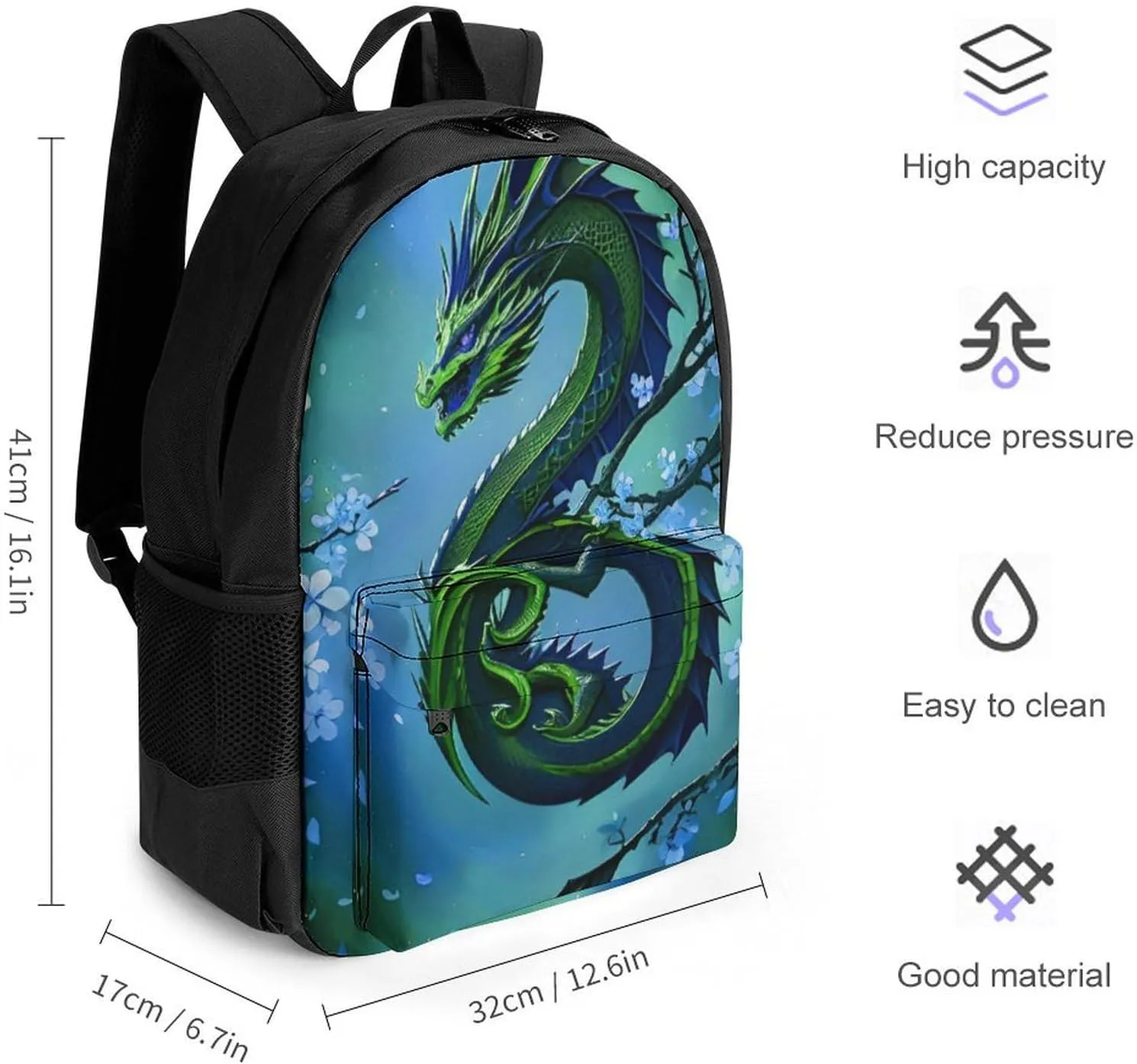 Men Women Polyester Romantic Dragon Cherry Flowers Art Daypack Big Capacity Shoulder Bag With Smooth Zippers for Hiking Work Walking Cycling