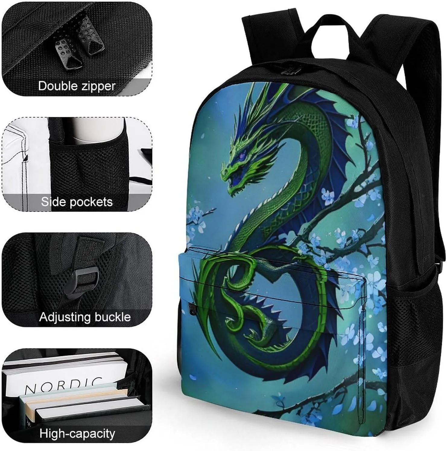 Men Women Polyester Romantic Dragon Cherry Flowers Art Daypack Big Capacity Shoulder Bag With Smooth Zippers for Hiking Work Walking Cycling
