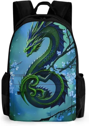 Men Women Polyester Romantic Dragon Cherry Flowers Art Daypack Big Capacity Shoulder Bag With Smooth Zippers for Hiking Work Walking Cycling